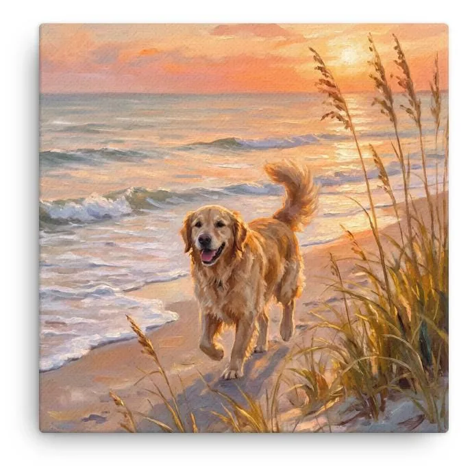Golden Retriever Thin Canvas: Coastal Dog, Beach Walk Wall Art