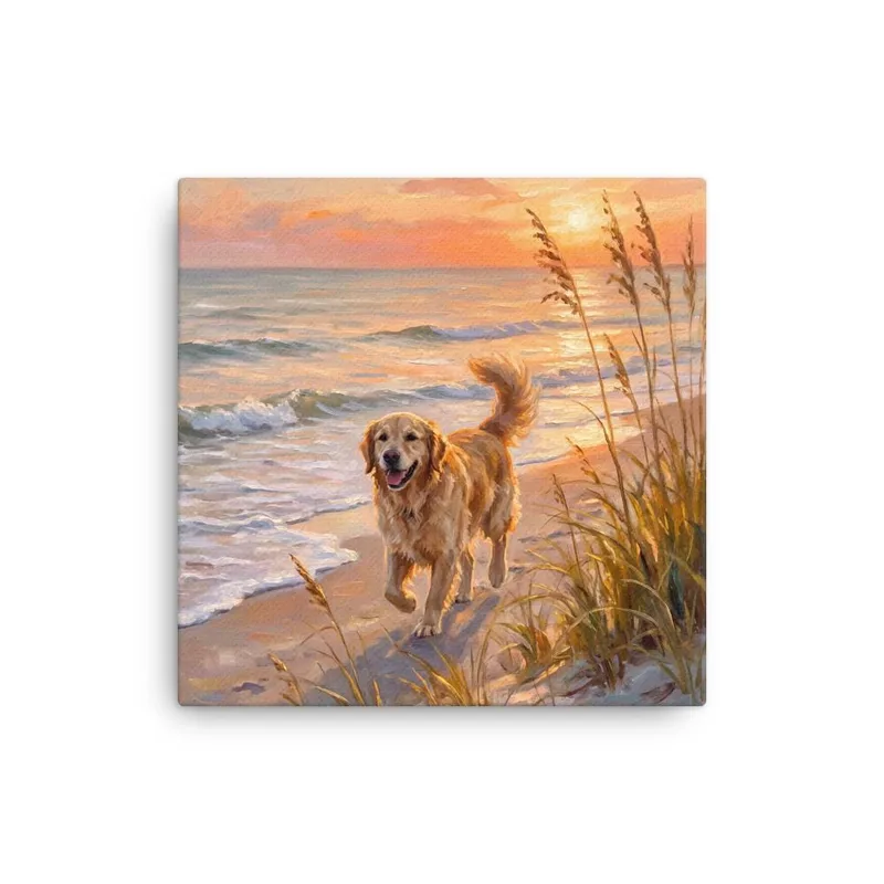Golden Retriever Thin Canvas: Coastal Dog, Beach Walk Wall Art