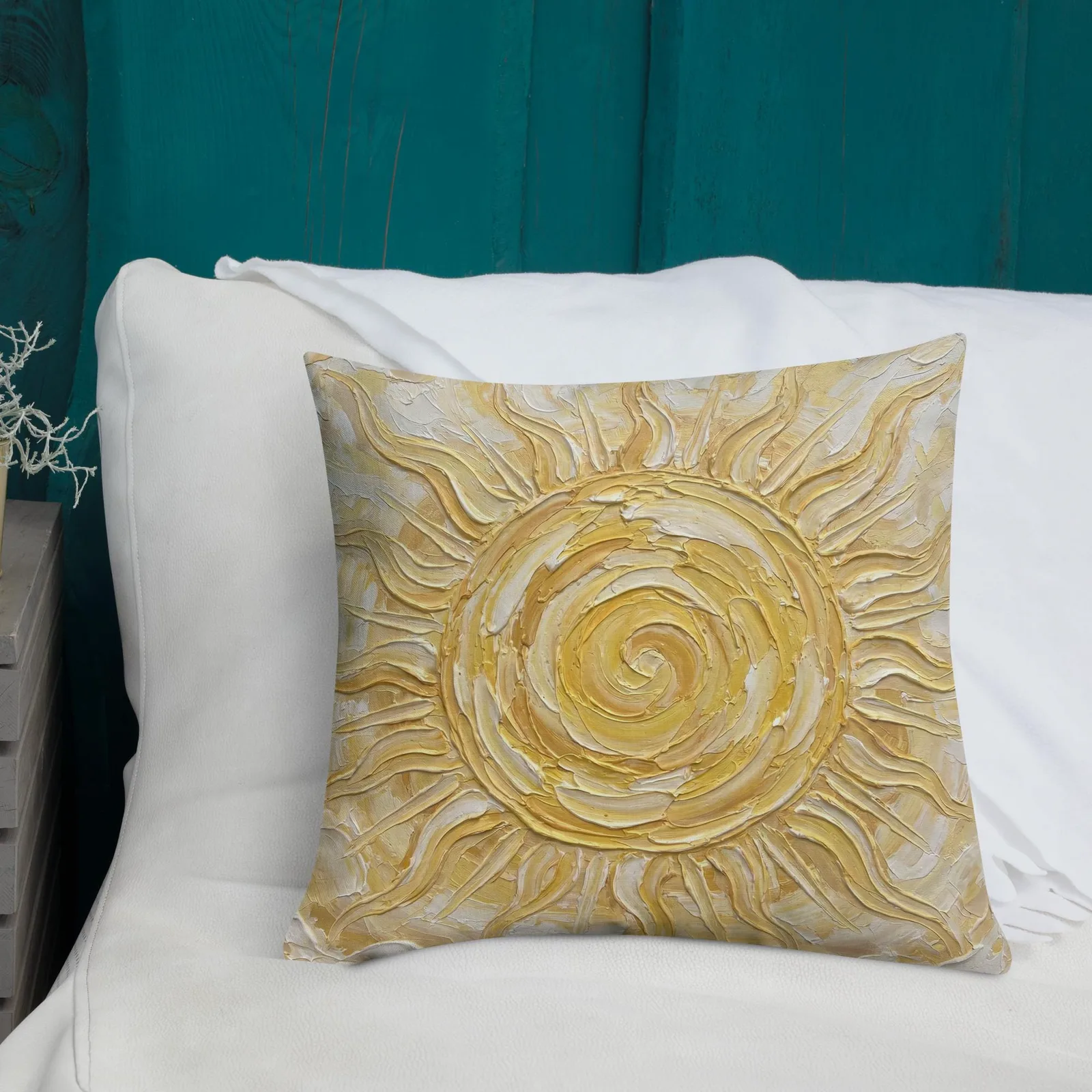 Golden Sun Throw Pillow: Impasto Celestial Art Cushion, photo 8