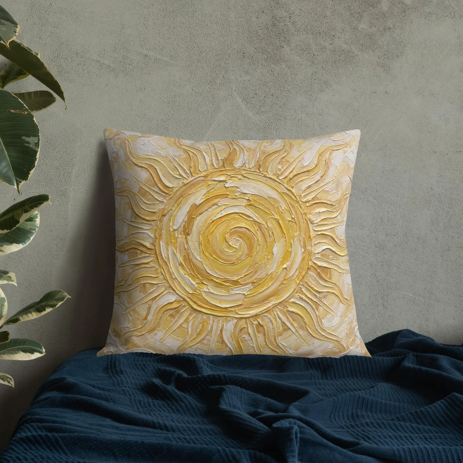 Golden Sun Throw Pillow: Impasto Celestial Art Cushion, photo 7