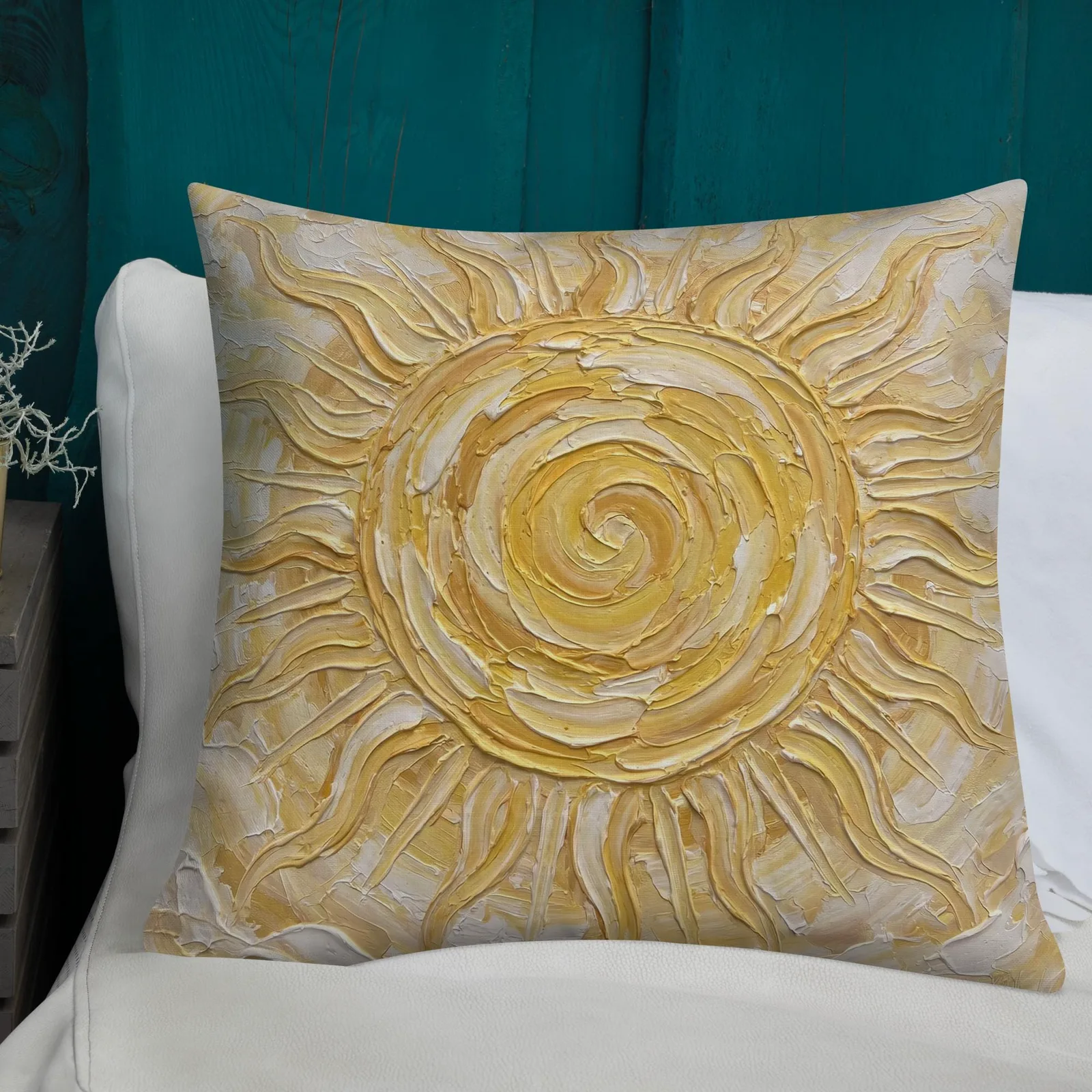 Golden Sun Throw Pillow: Impasto Celestial Art Cushion, photo 9