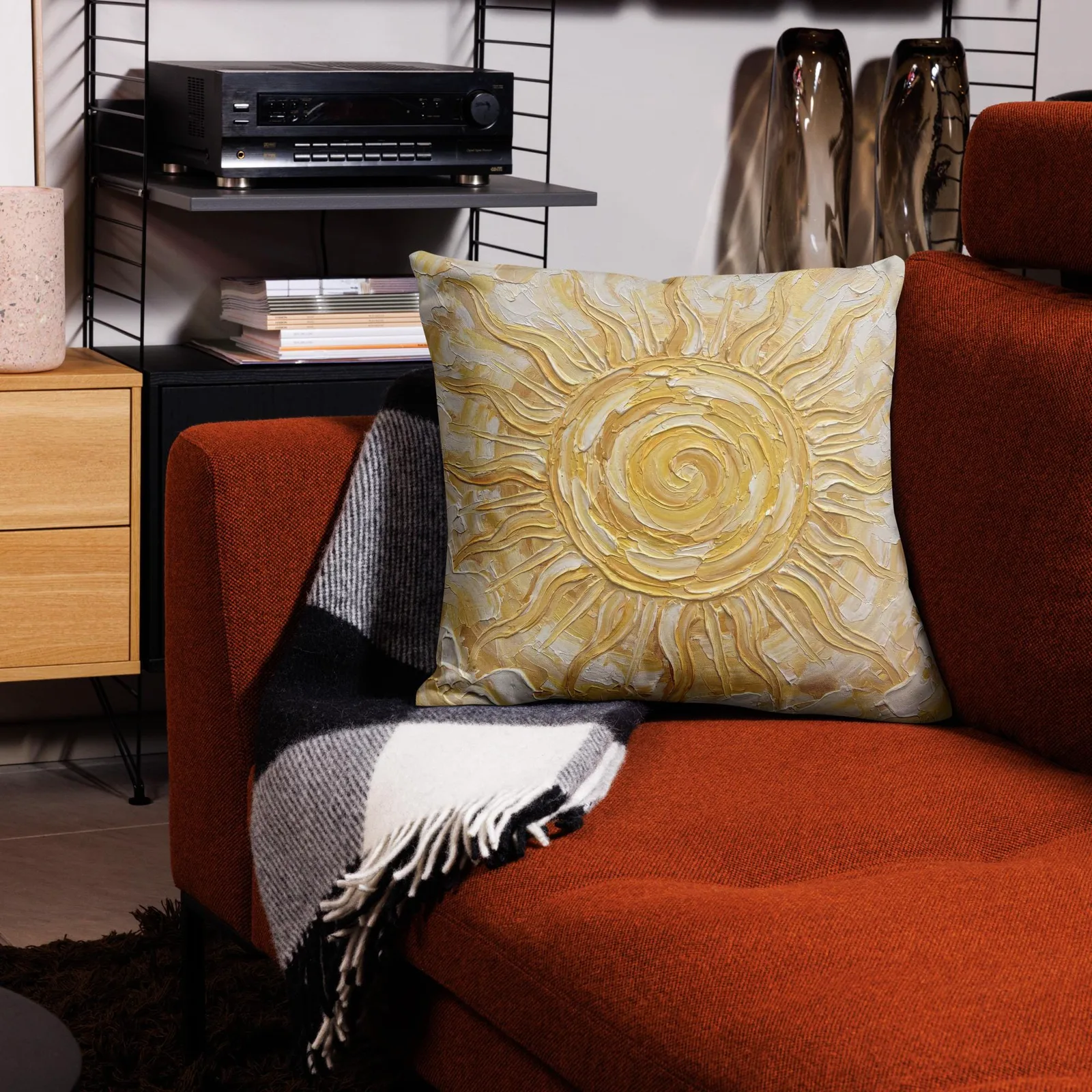 Golden Sun Throw Pillow: Impasto Celestial Art Cushion, photo 5