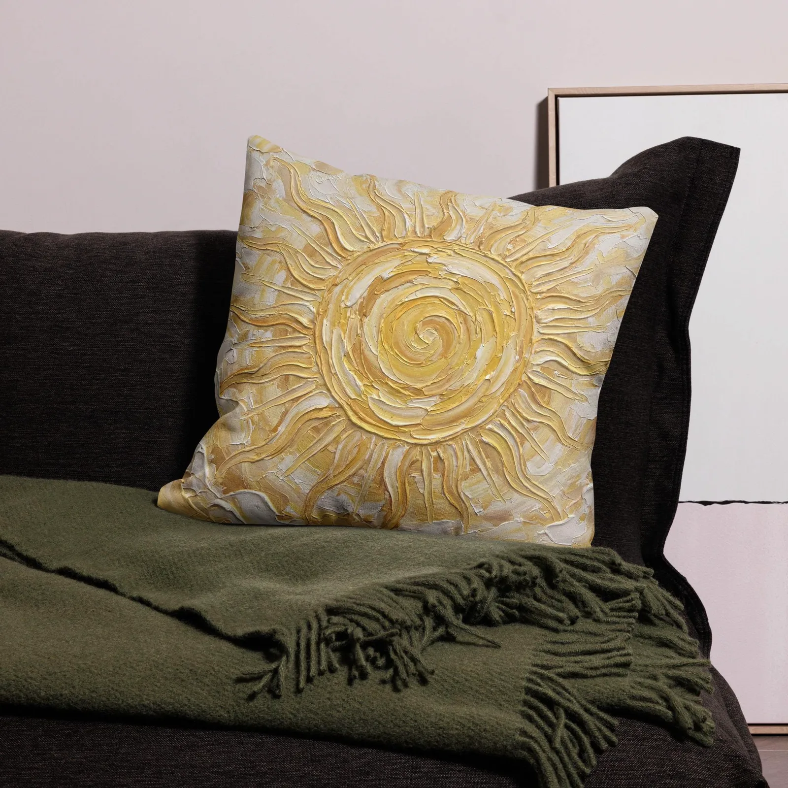 Golden Sun Throw Pillow: Impasto Celestial Art Cushion, photo 3
