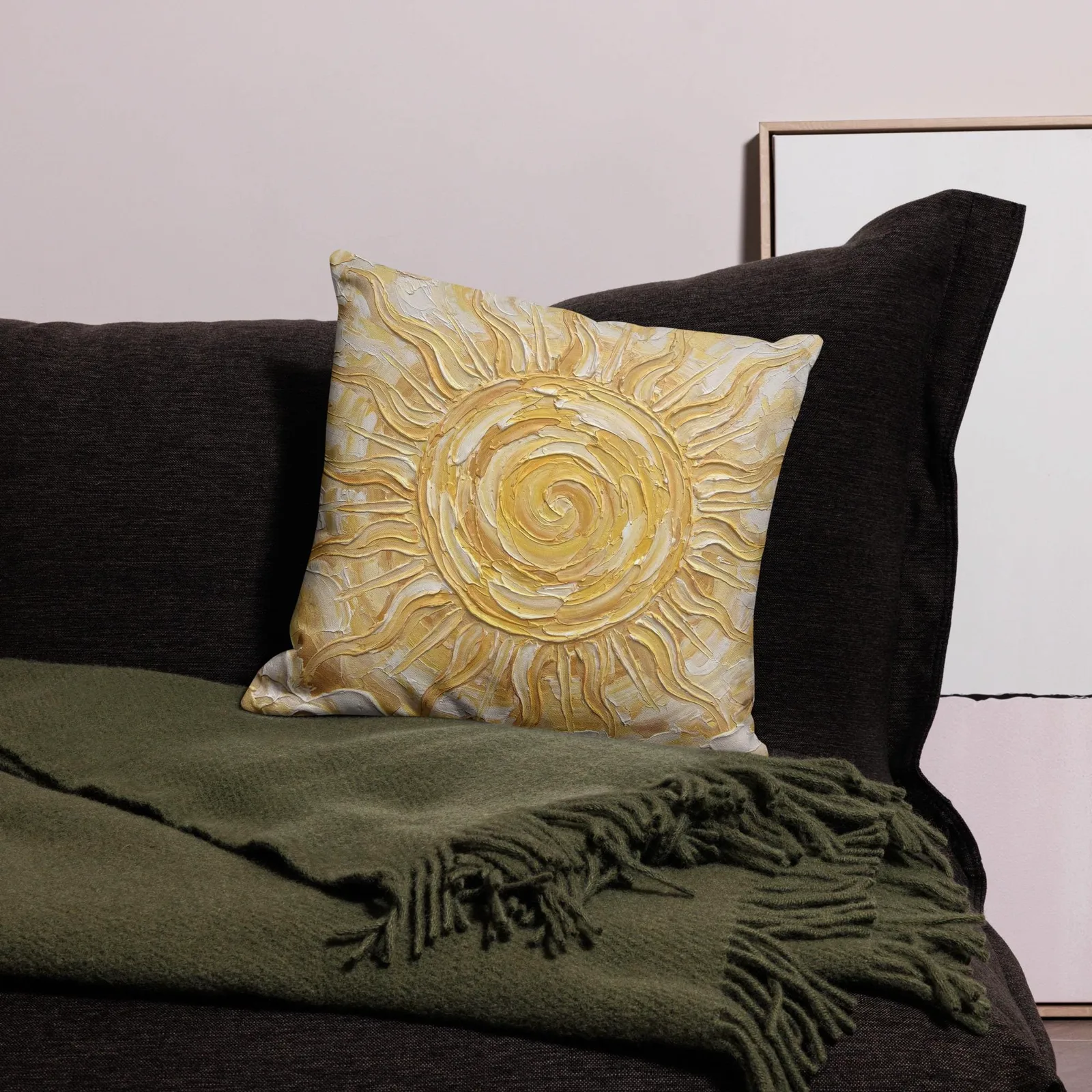 Golden Sun Throw Pillow: Impasto Celestial Art Cushion, photo 2