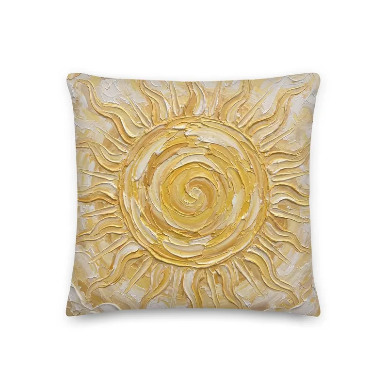 Golden Sun Throw Pillow: Impasto Celestial Art Cushion