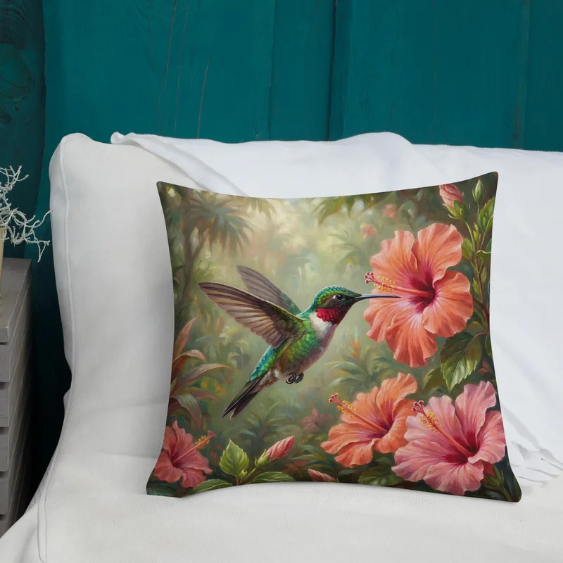 Green Hummingbird Throw Pillow: Tropical Hibiscus Decor Cushion