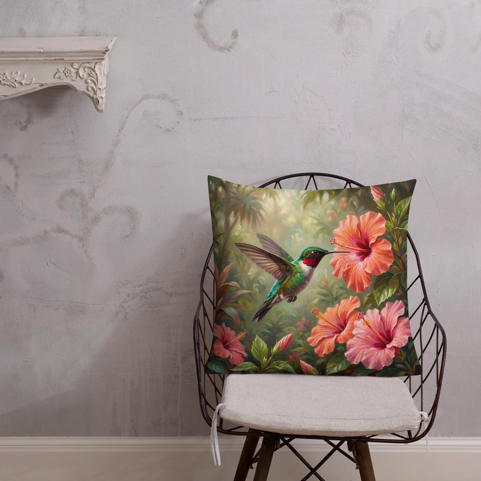 Green Hummingbird Throw Pillow: Tropical Hibiscus Decor Cushion, photo 7