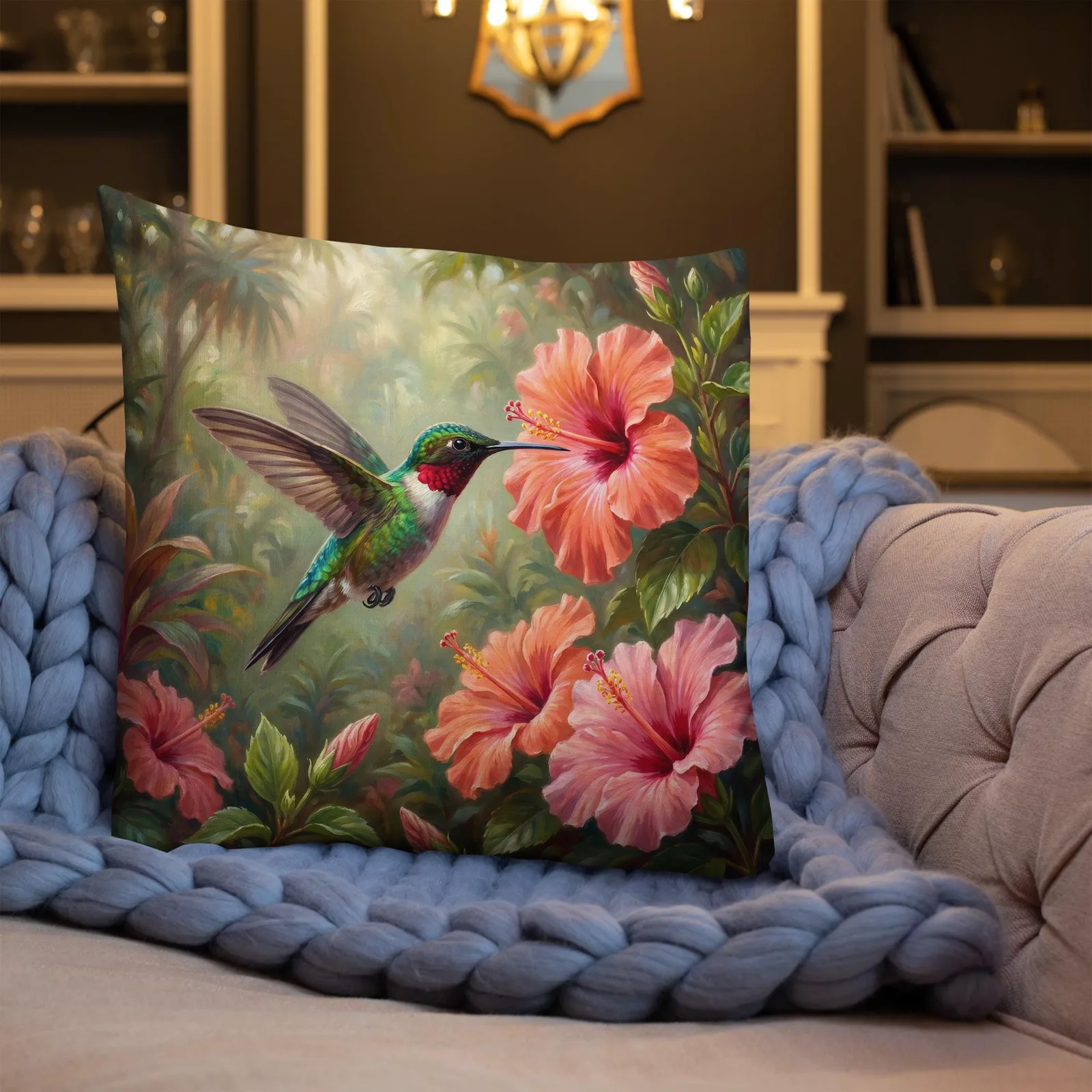 Green Hummingbird Throw Pillow: Tropical Hibiscus Decor Cushion, photo 5