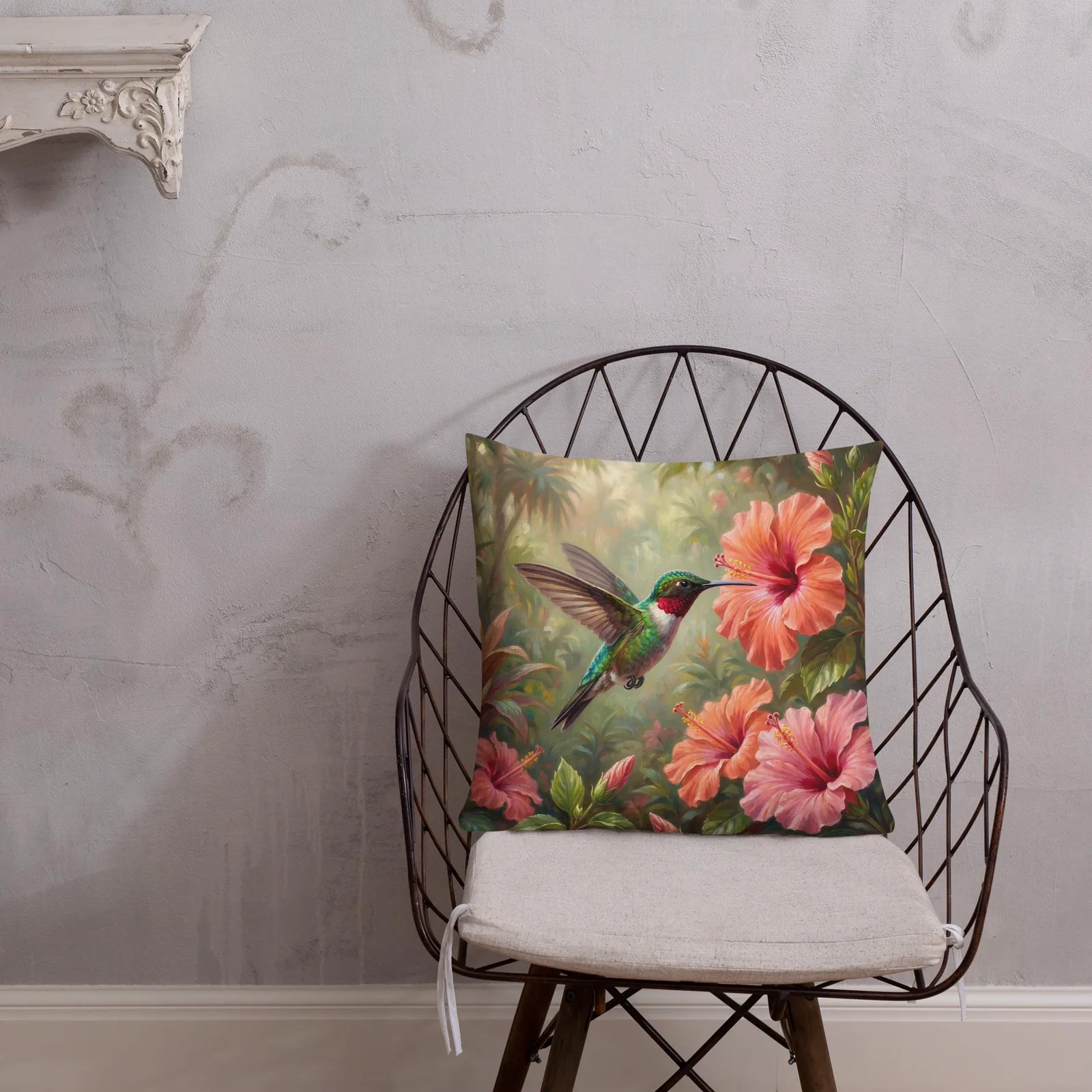 Green Hummingbird Throw Pillow: Tropical Hibiscus Decor Cushion, photo 6