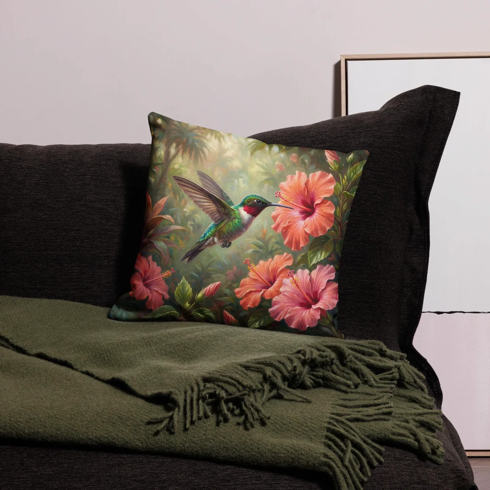Green Hummingbird Throw Pillow: Tropical Hibiscus Decor Cushion, photo 8