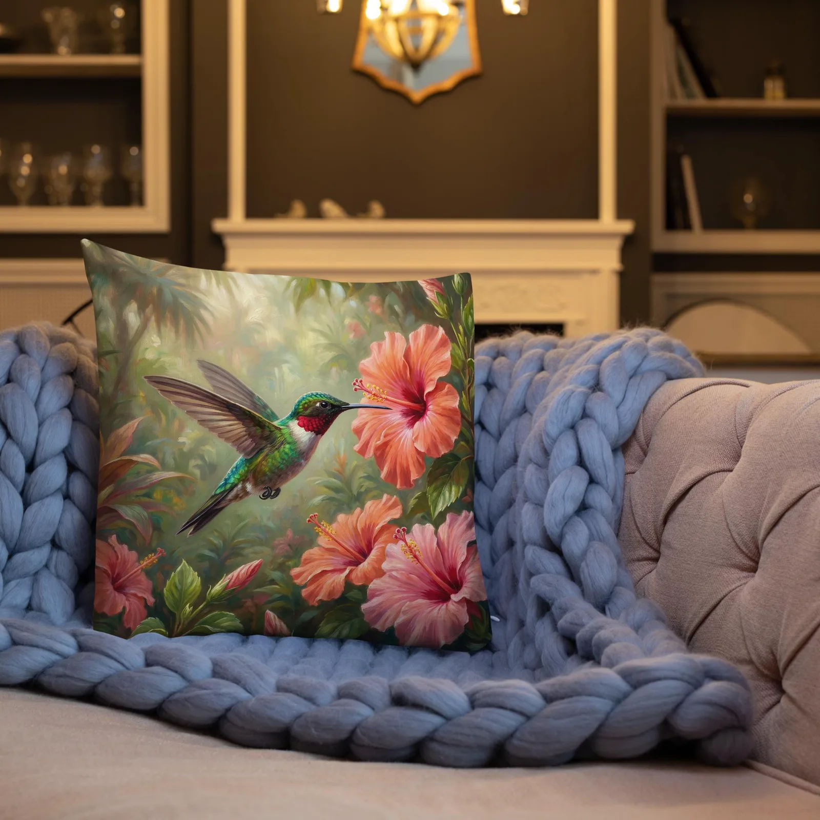 Green Hummingbird Throw Pillow: Tropical Hibiscus Decor Cushion, photo 4