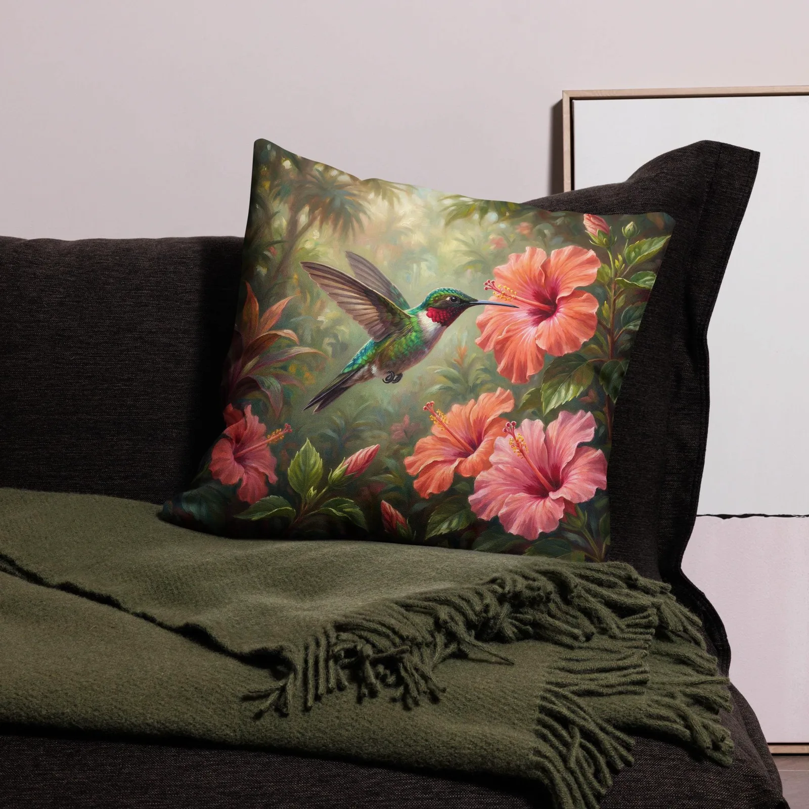 Green Hummingbird Throw Pillow: Tropical Hibiscus Decor Cushion, photo 9
