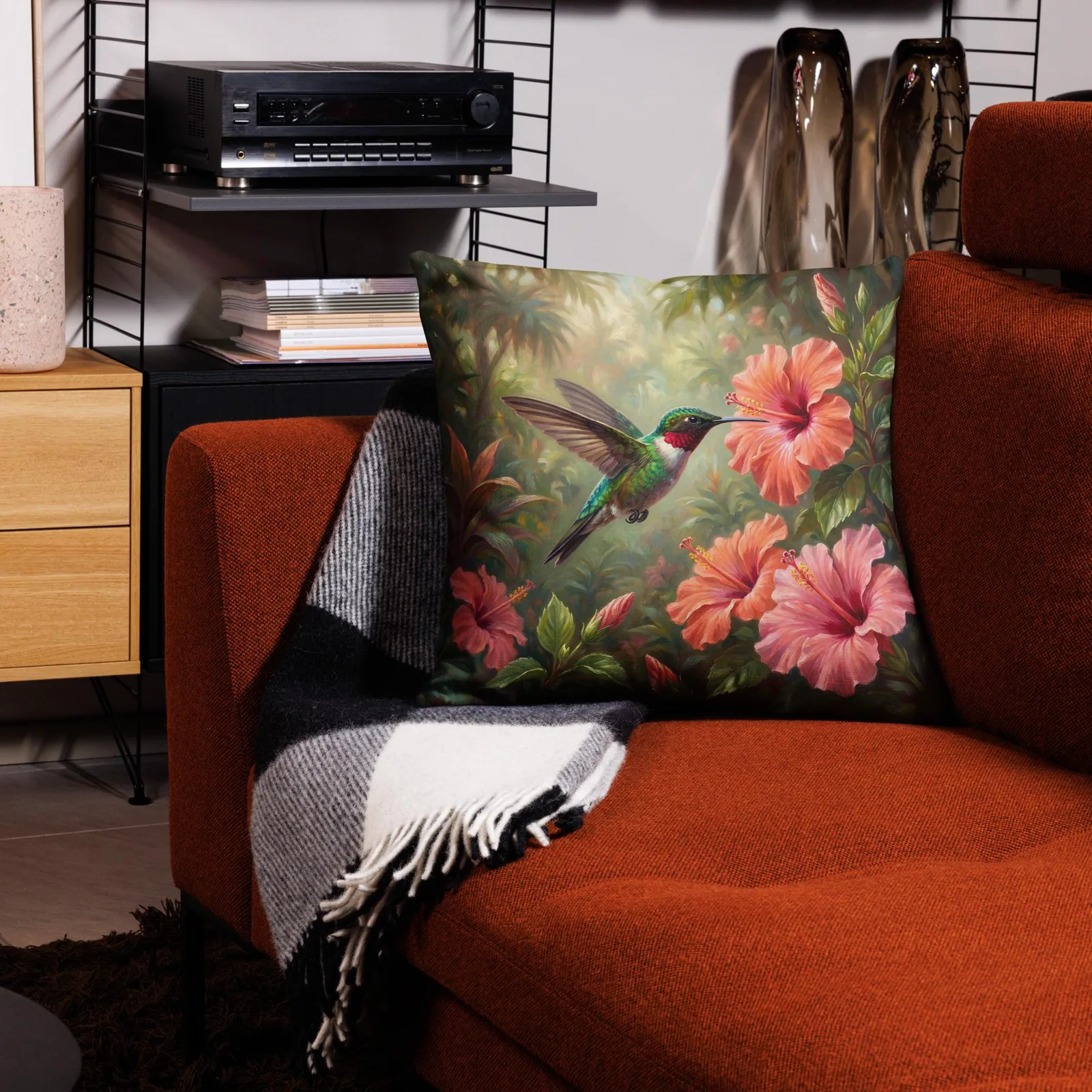 Green Hummingbird Throw Pillow: Tropical Hibiscus Decor Cushion, photo 10