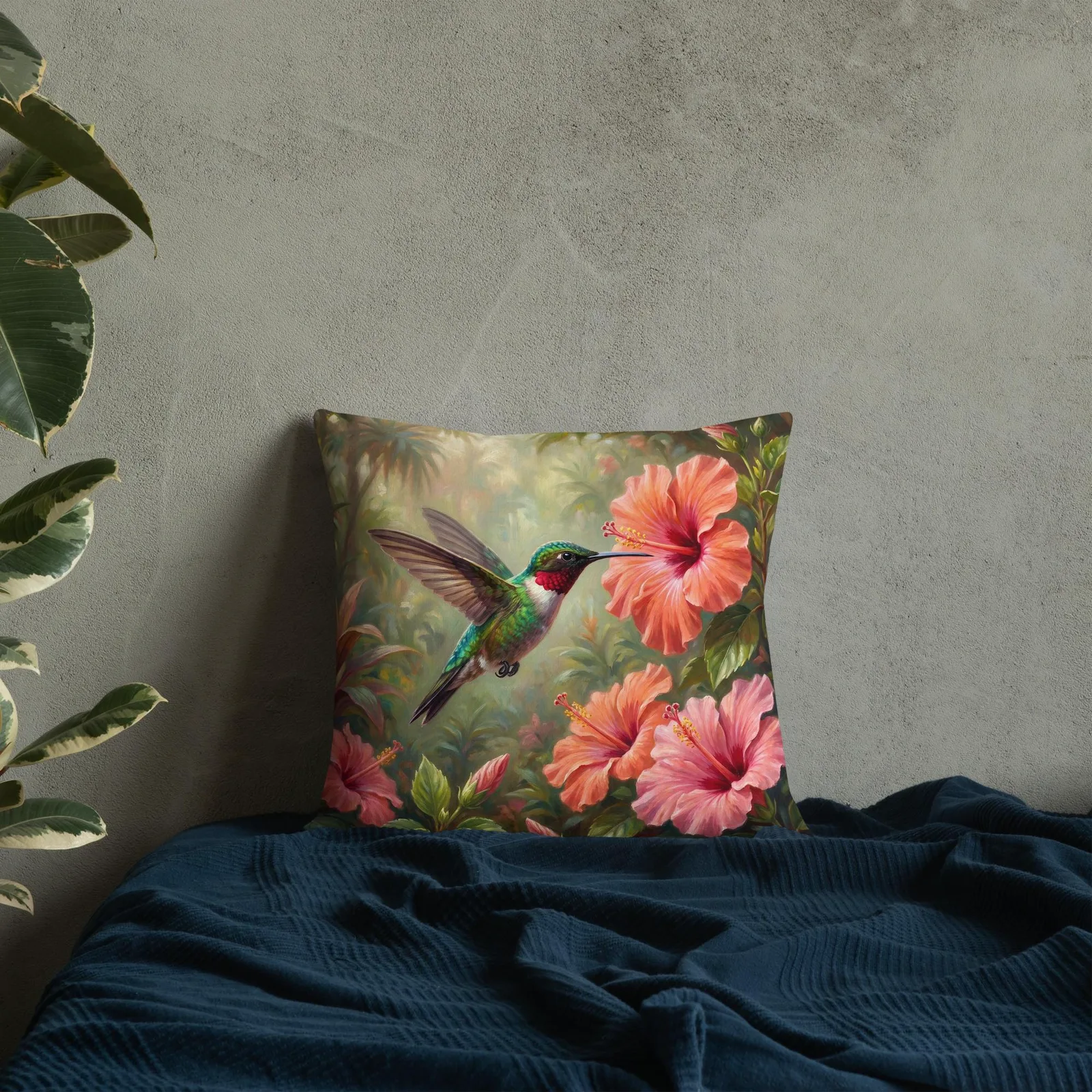 Green Hummingbird Throw Pillow: Tropical Hibiscus Decor Cushion, photo 2