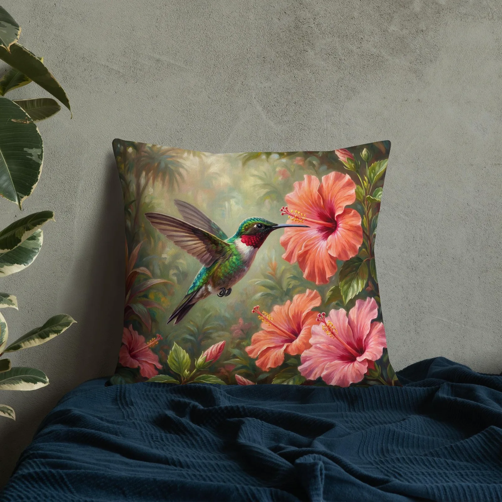 Green Hummingbird Throw Pillow: Tropical Hibiscus Decor Cushion, photo 3