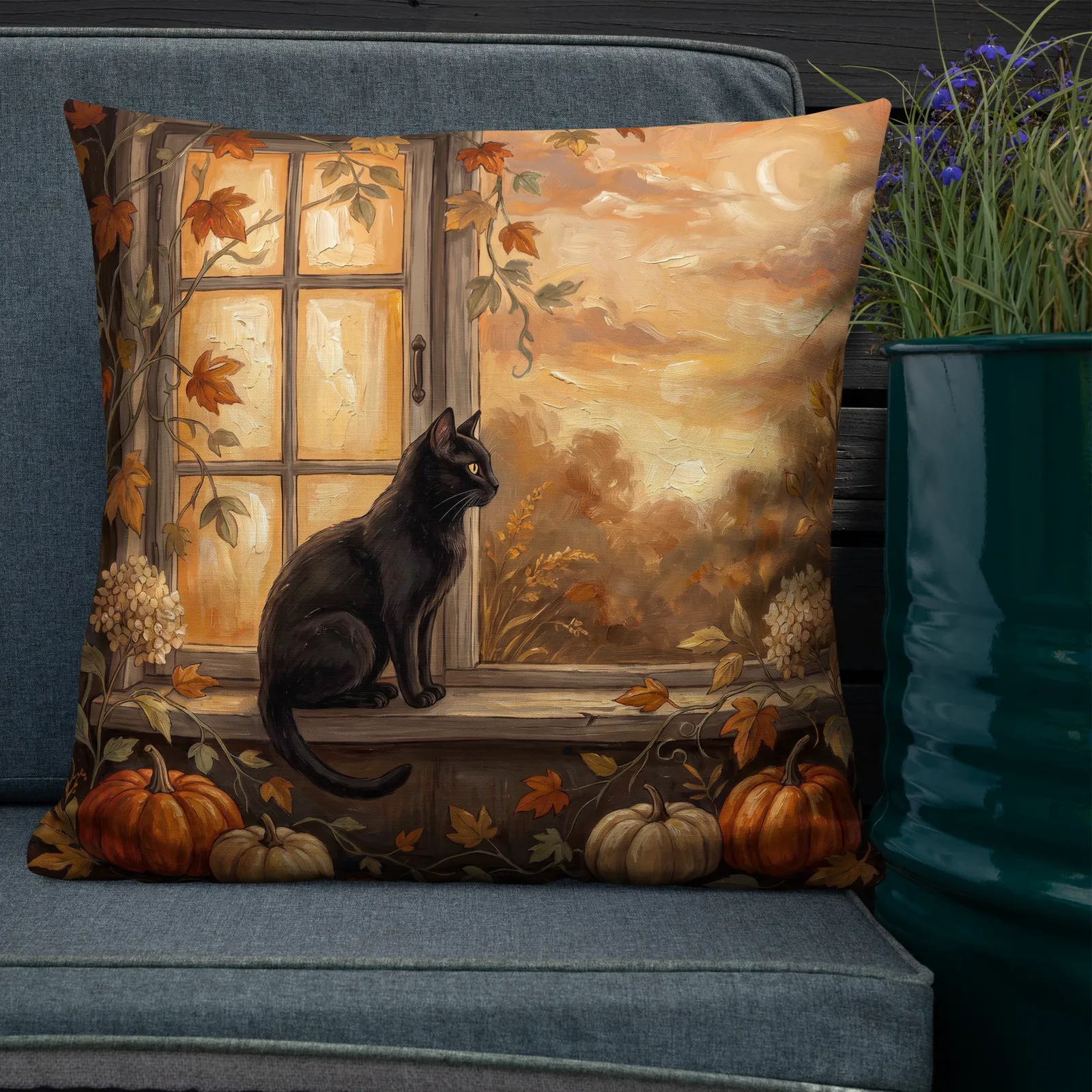 Halloween Black Cat Pumpkin Throw Pillow: Autumn Window Sill Decor Cushion, photo 10