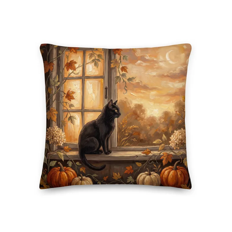 Halloween Black Cat Pumpkin Throw Pillow: Autumn Window Sill Decor Cushion