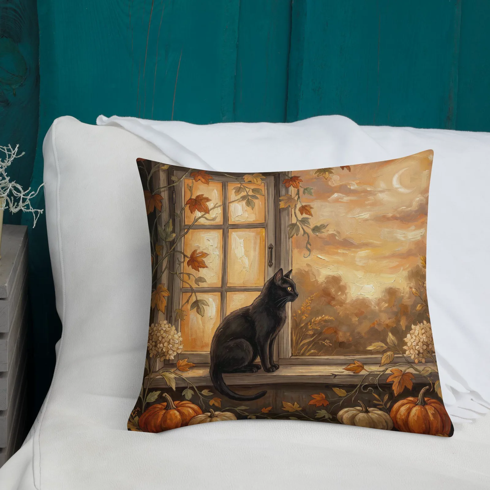 Halloween Black Cat Pumpkin Throw Pillow: Autumn Window Sill Decor Cushion, photo 2