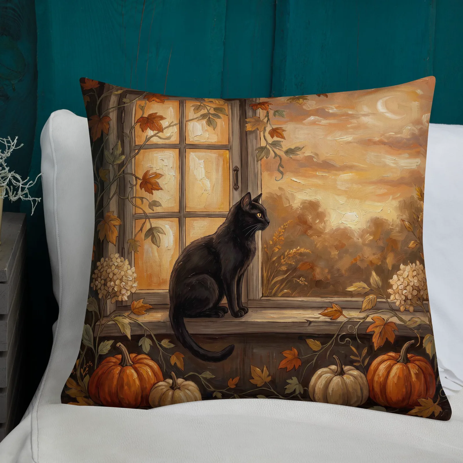 Halloween Black Cat Pumpkin Throw Pillow: Autumn Window Sill Decor Cushion, photo 3