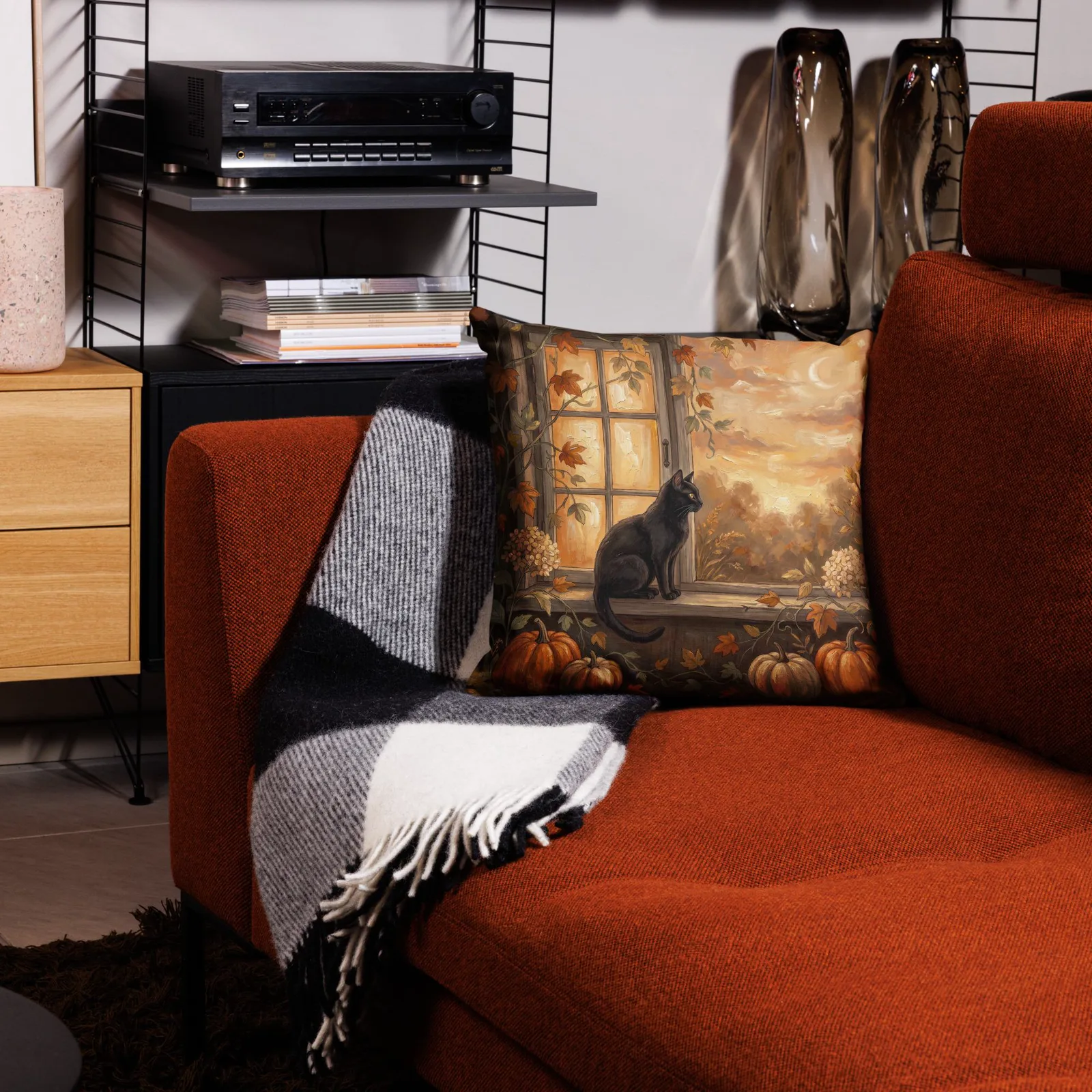 Halloween Black Cat Pumpkin Throw Pillow: Autumn Window Sill Decor Cushion, photo 8