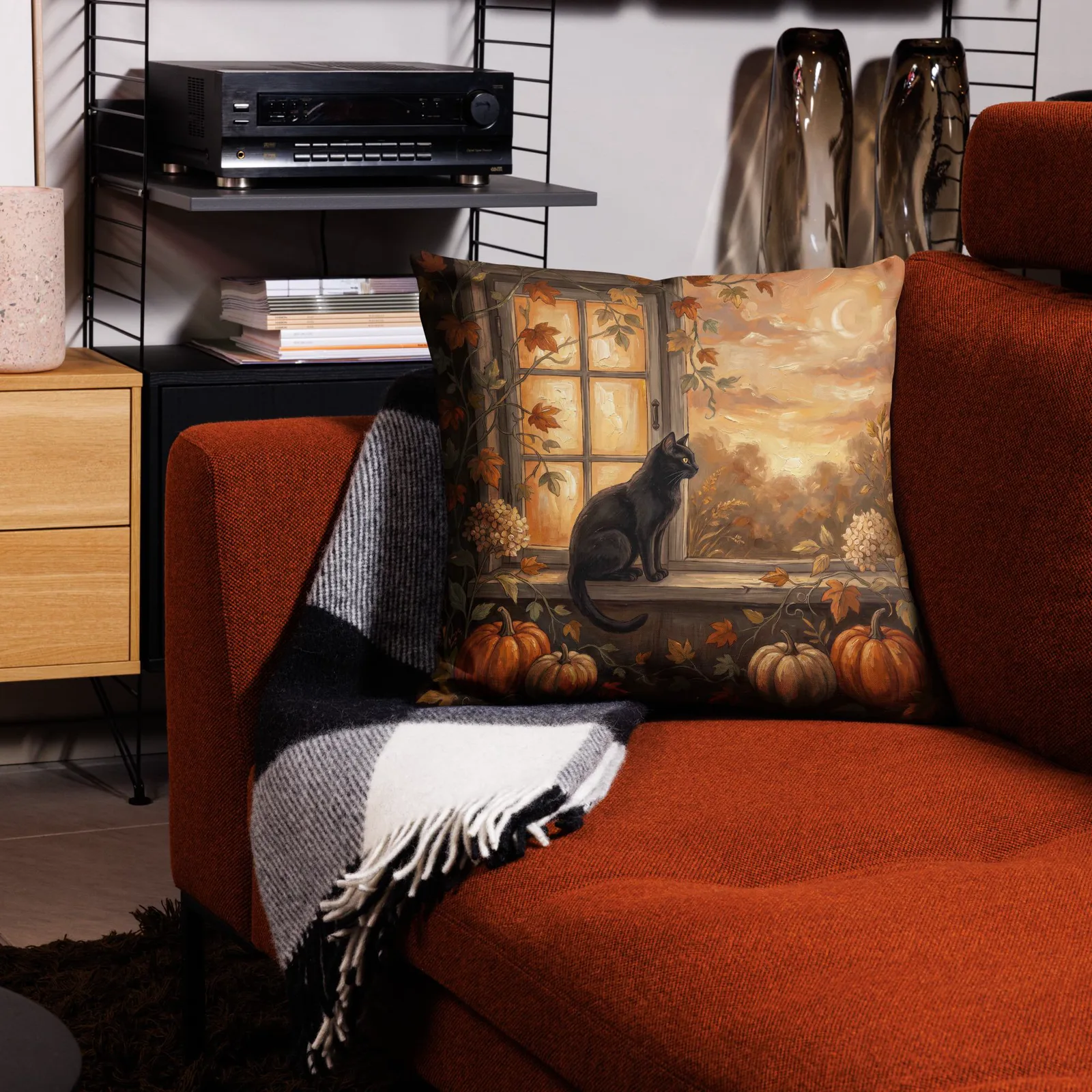 Halloween Black Cat Pumpkin Throw Pillow: Autumn Window Sill Decor Cushion, photo 9