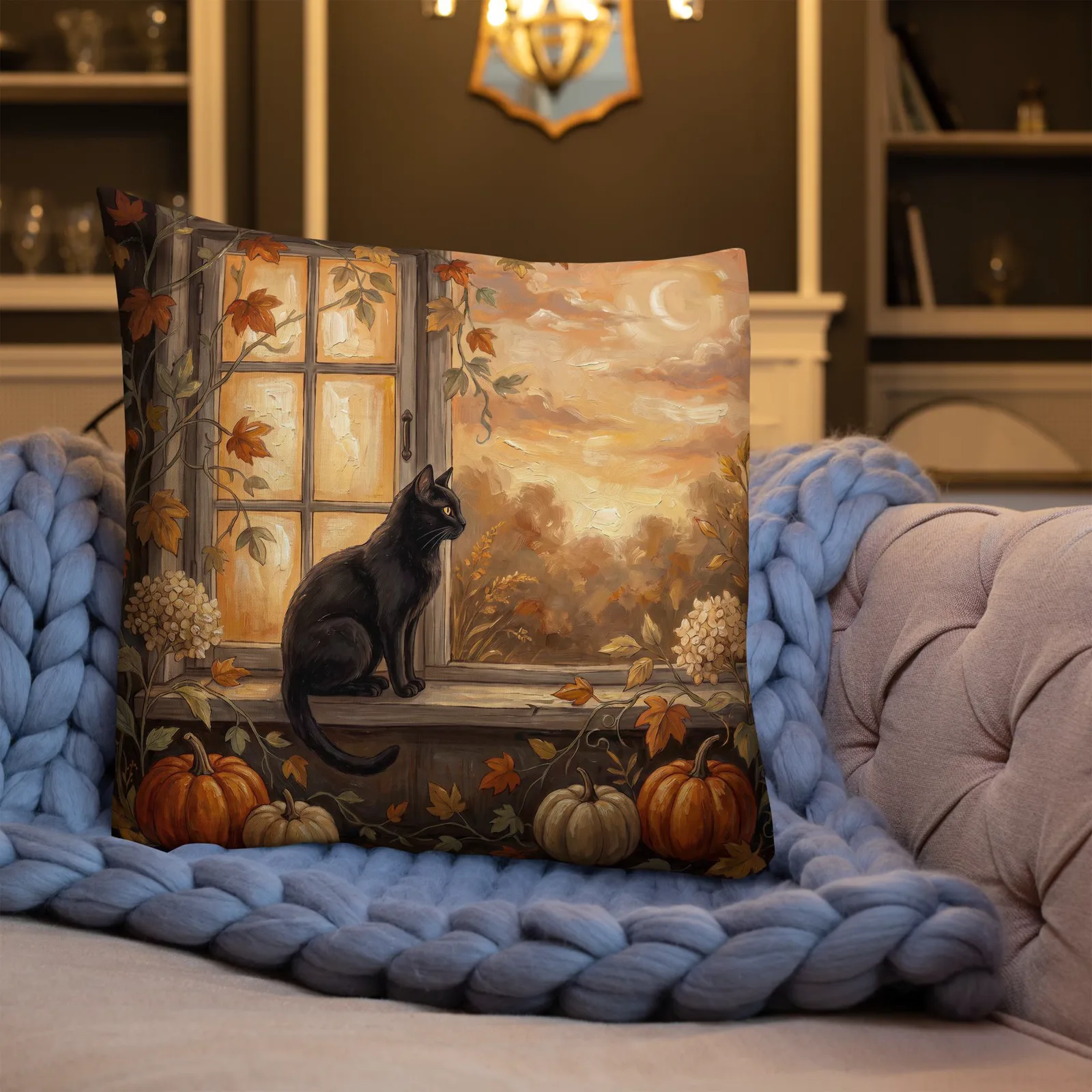 Halloween Black Cat Pumpkin Throw Pillow: Autumn Window Sill Decor Cushion, photo 5