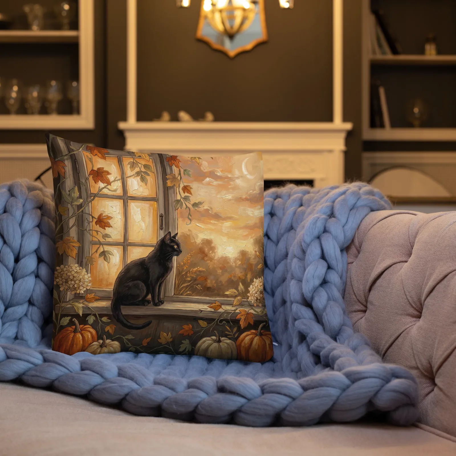Halloween Black Cat Pumpkin Throw Pillow: Autumn Window Sill Decor Cushion, photo 4