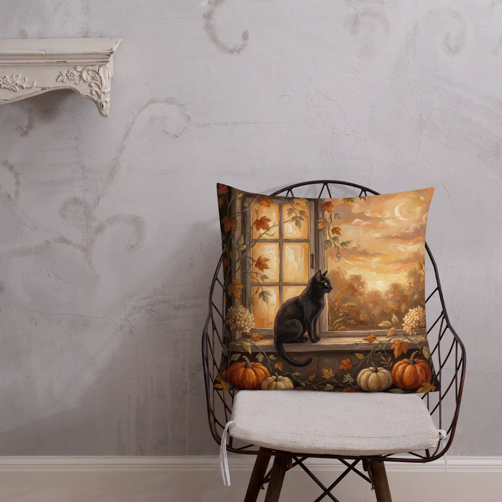 Halloween Black Cat Pumpkin Throw Pillow: Autumn Window Sill Decor Cushion, photo 7