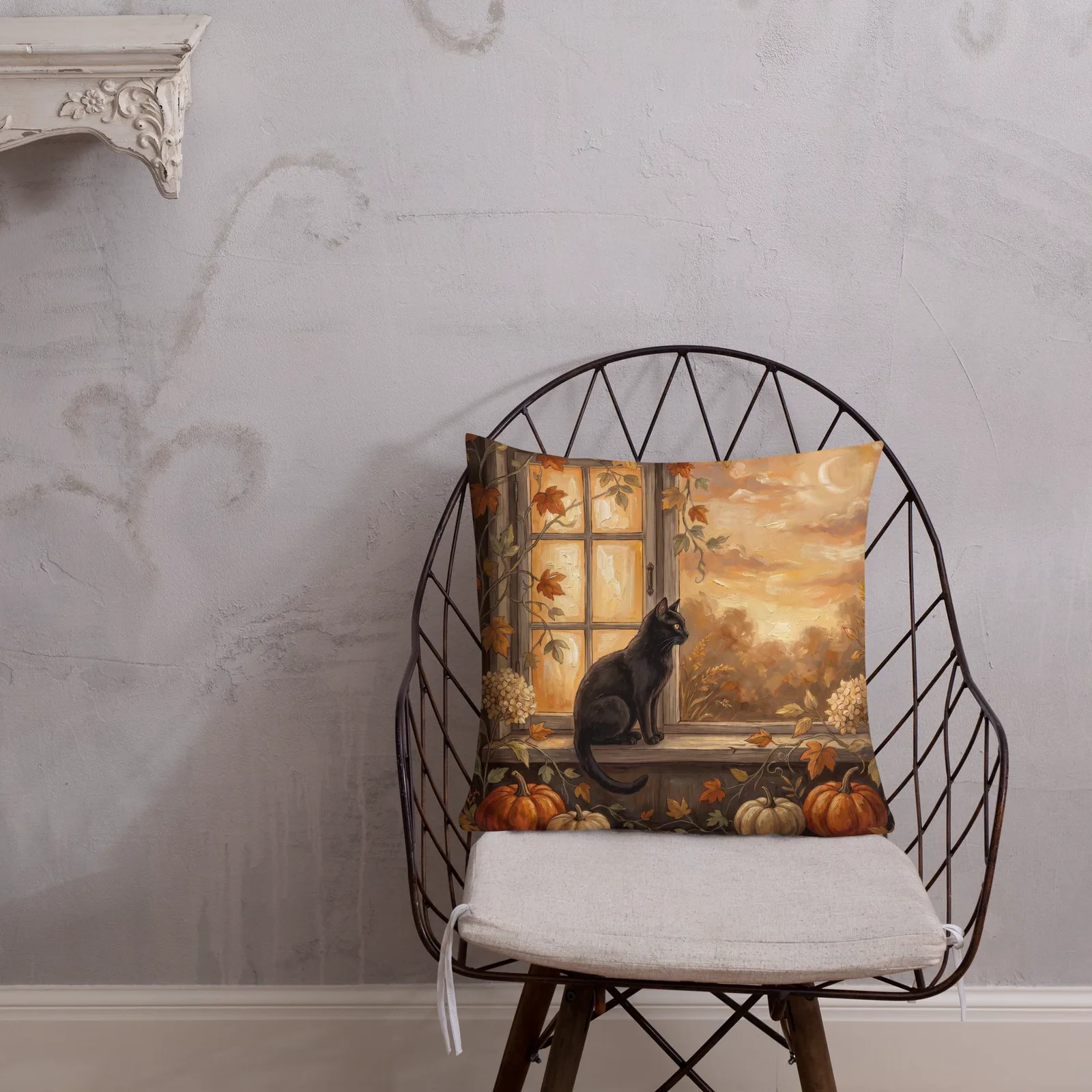 Halloween Black Cat Pumpkin Throw Pillow: Autumn Window Sill Decor Cushion, photo 6