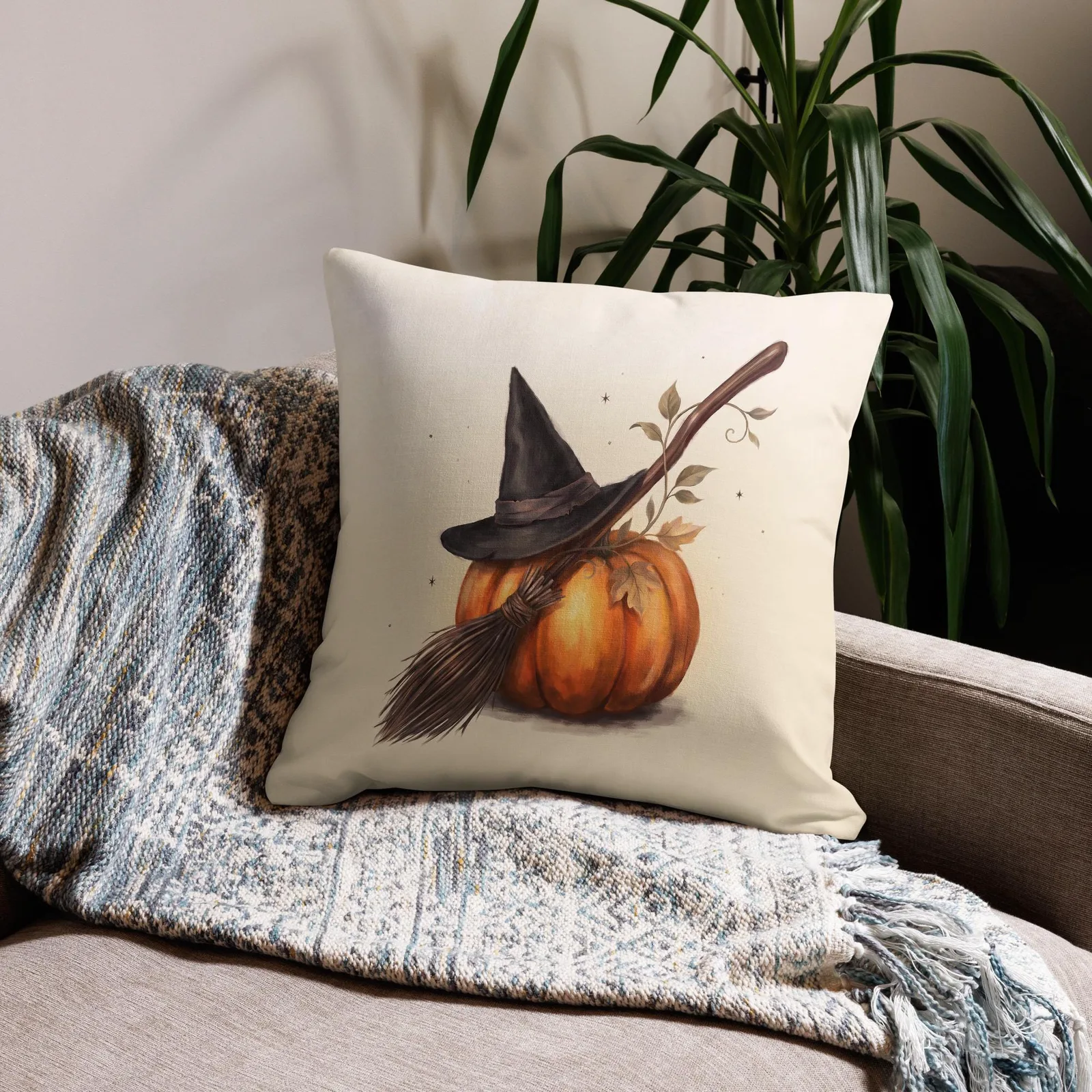 Halloween Chic Witch Hat Broom and Pumpkin Throw Pillow: Classy Cream Fall Decor Cushion, photo 5