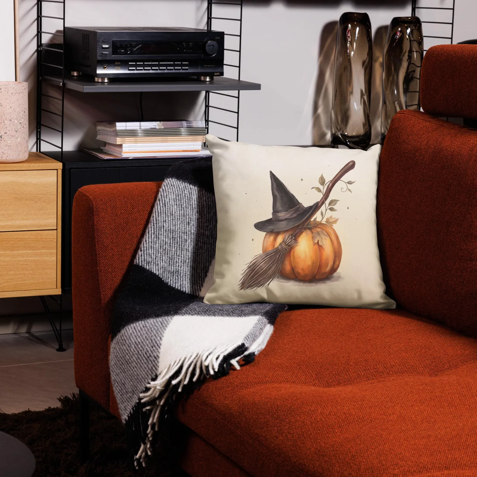 Halloween Chic Witch Hat Broom and Pumpkin Throw Pillow: Classy Cream Fall Decor Cushion, photo 2