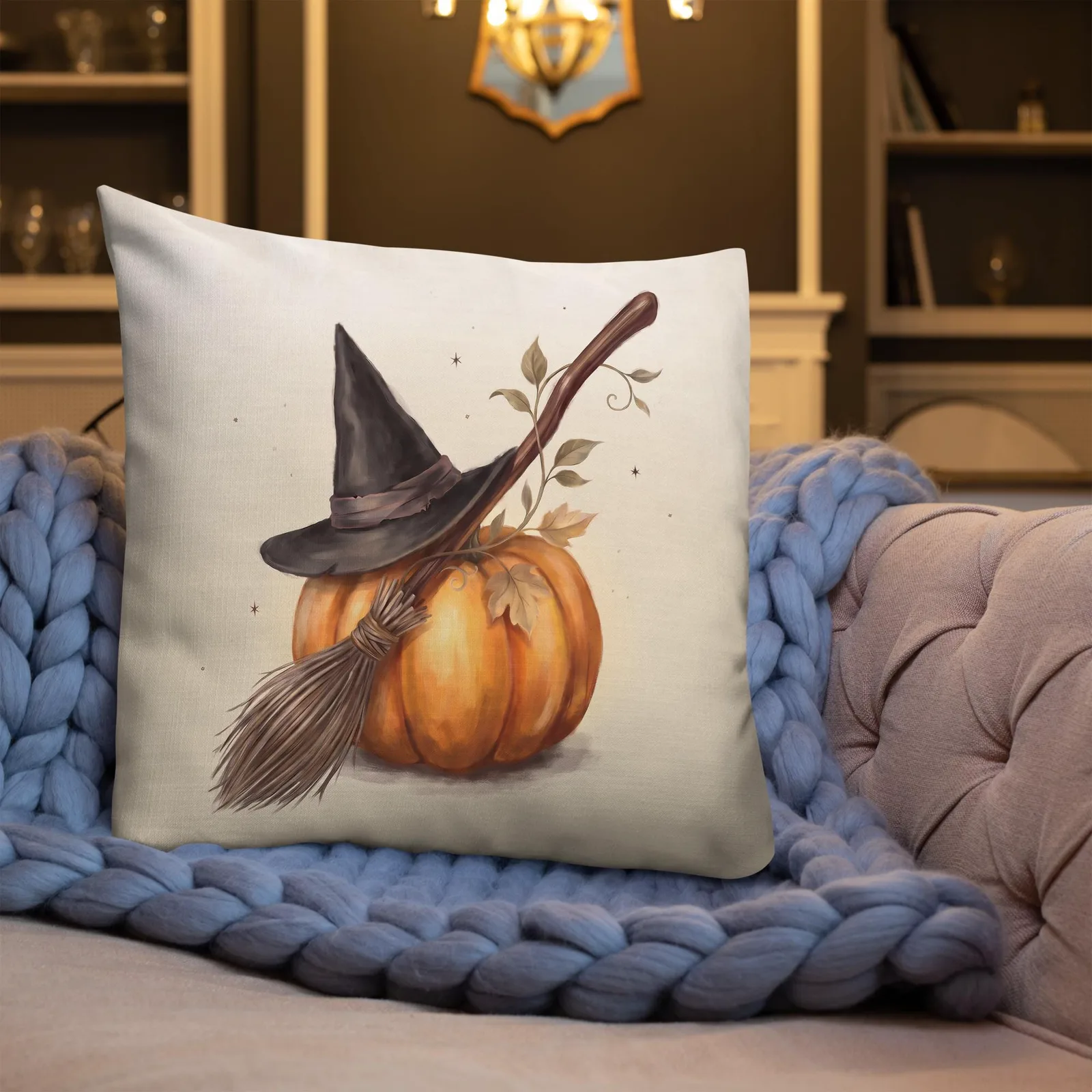 Halloween Chic Witch Hat Broom and Pumpkin Throw Pillow: Classy Cream Fall Decor Cushion, photo 7