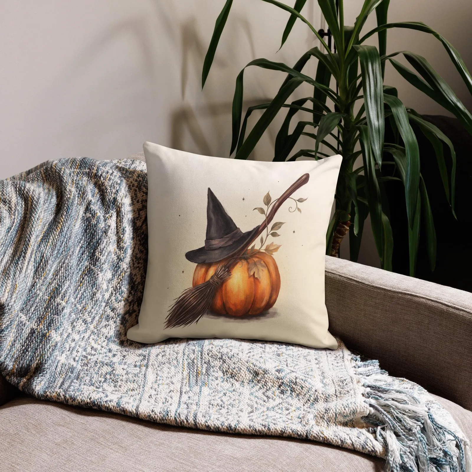Halloween Chic Witch Hat Broom and Pumpkin Throw Pillow: Classy Cream Fall Decor Cushion, photo 4