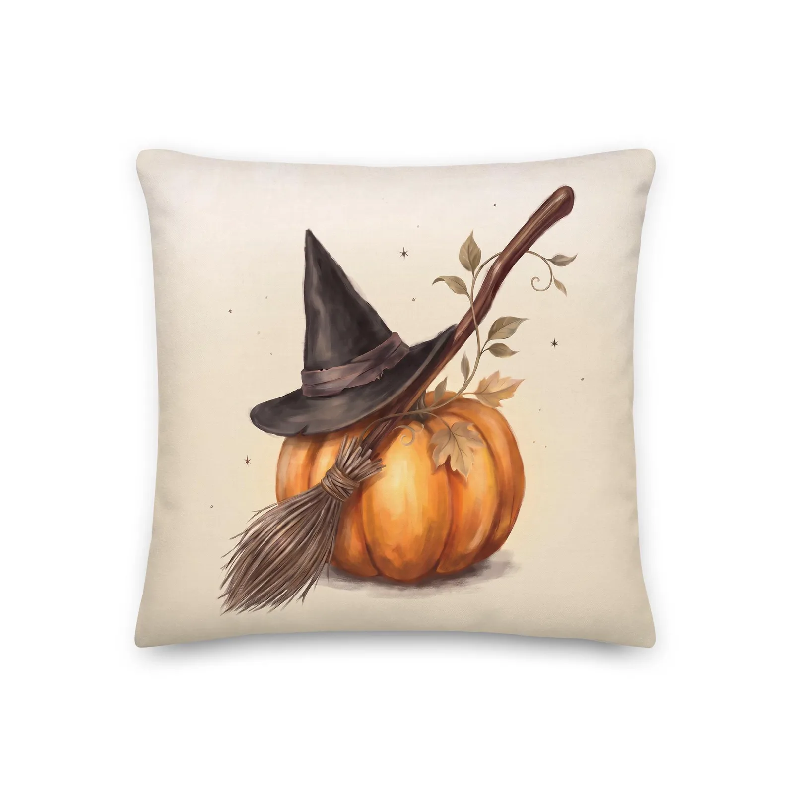 Halloween Chic Witch Hat Broom and Pumpkin Throw Pillow: Classy Cream Fall Decor Cushion