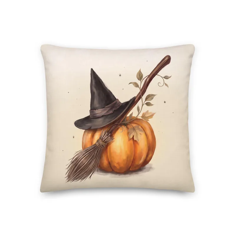 Halloween Chic Witch Hat Broom and Pumpkin Throw Pillow: Classy Cream Fall Decor Cushion