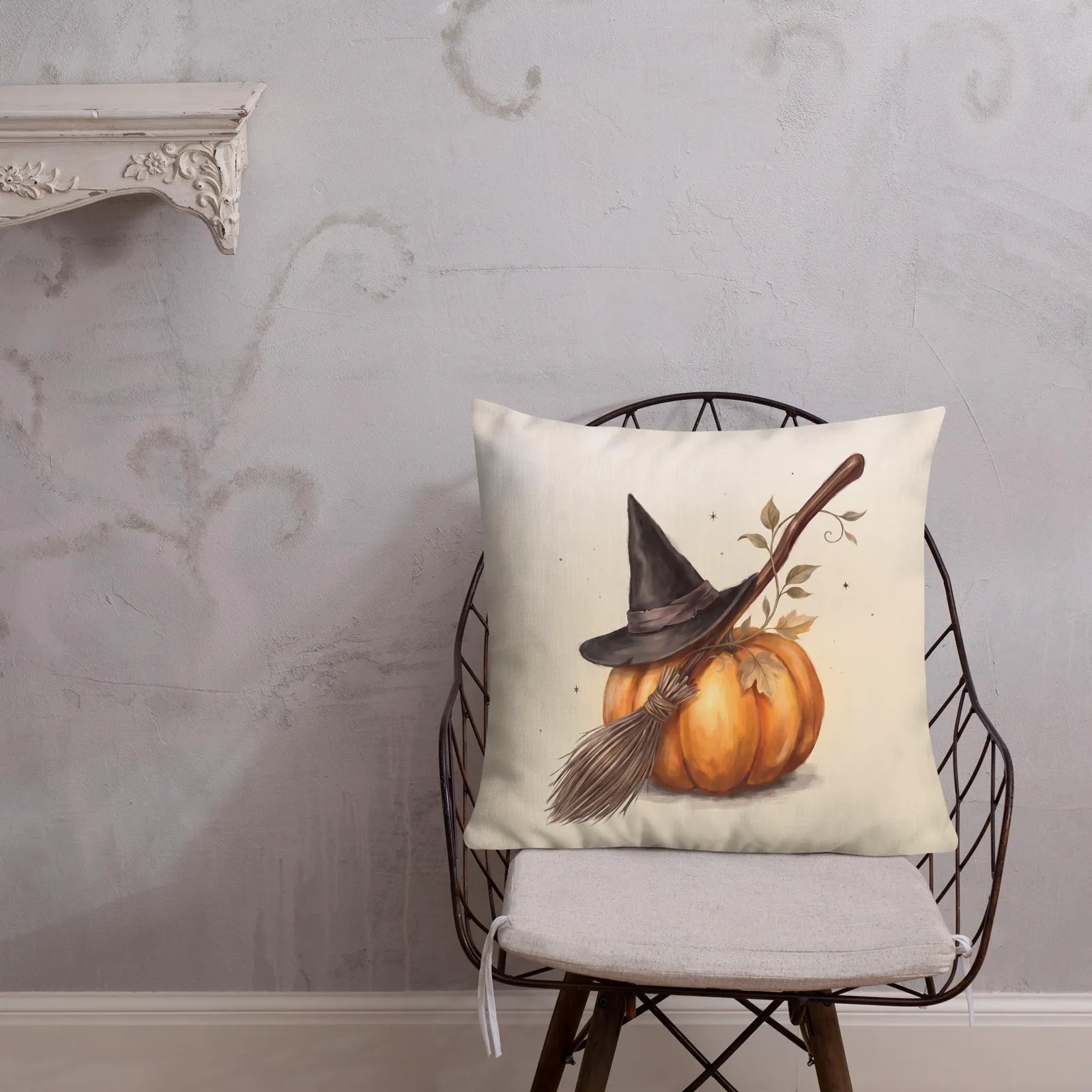 Halloween Chic Witch Hat Broom and Pumpkin Throw Pillow: Classy Cream Fall Decor Cushion, photo 10