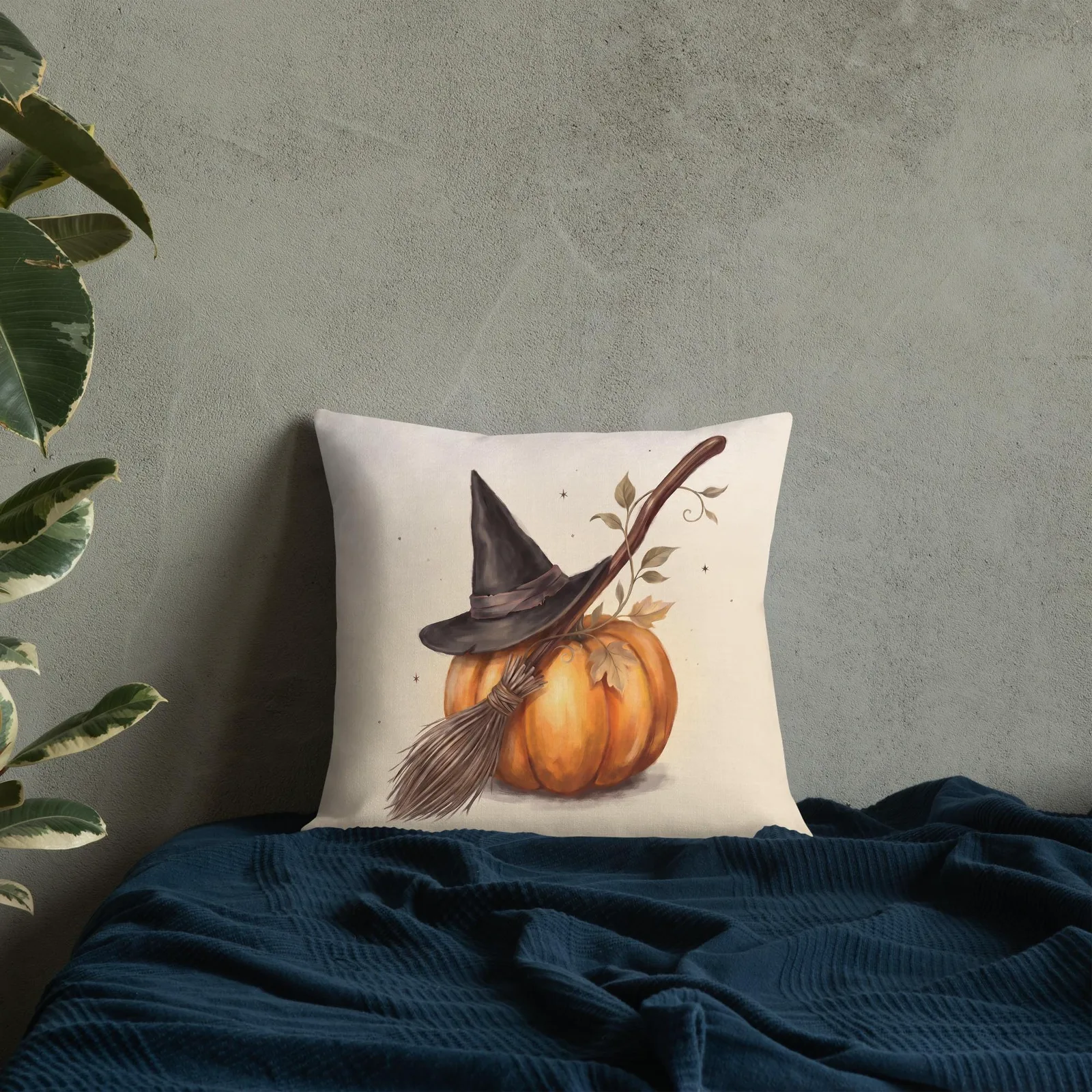 Halloween Chic Witch Hat Broom and Pumpkin Throw Pillow: Classy Cream Fall Decor Cushion, photo 8