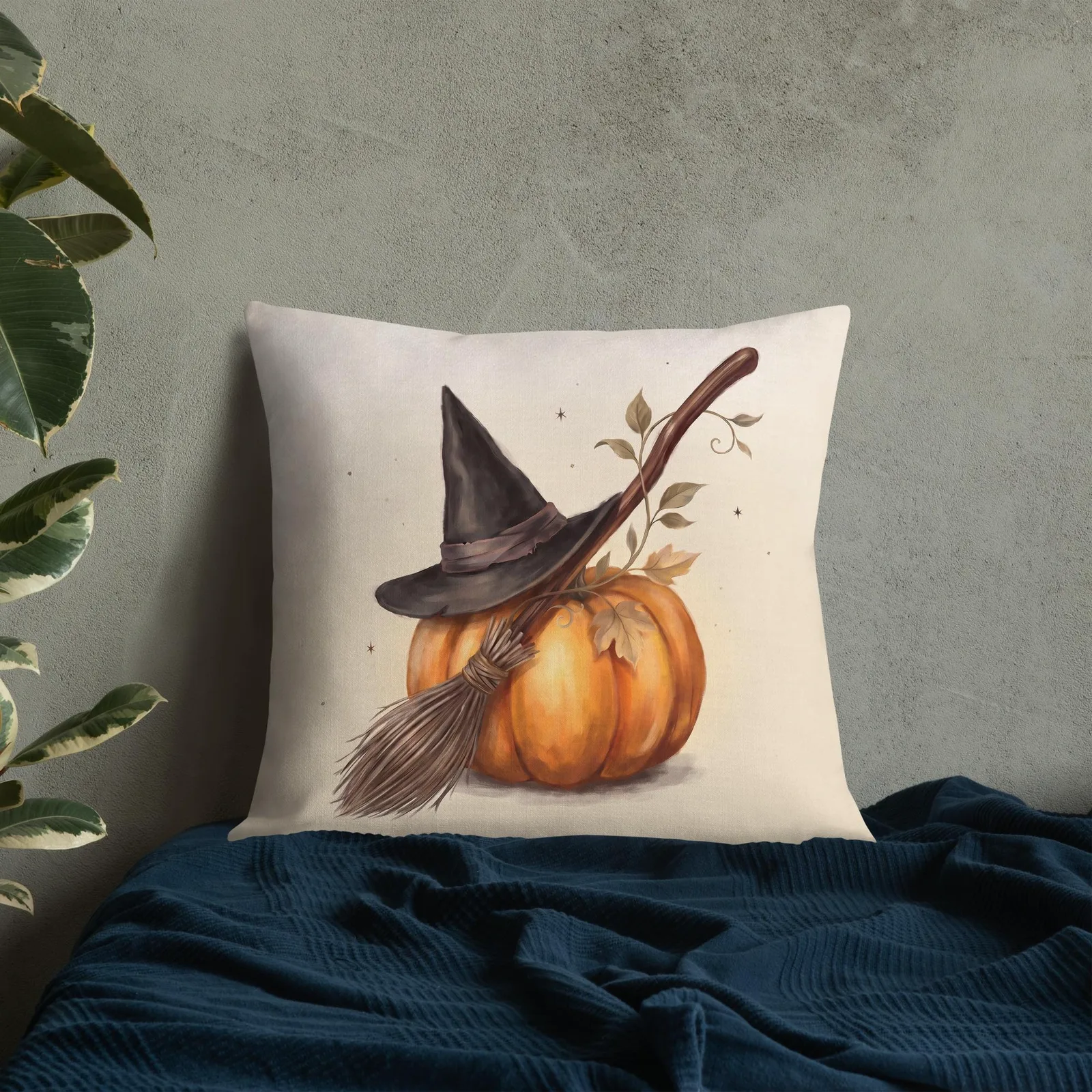 Halloween Chic Witch Hat Broom and Pumpkin Throw Pillow: Classy Cream Fall Decor Cushion, photo 9