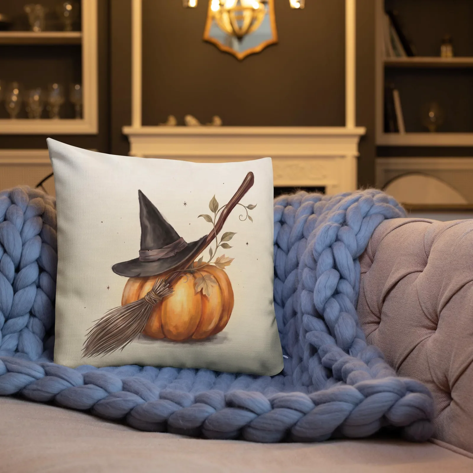 Halloween Chic Witch Hat Broom and Pumpkin Throw Pillow: Classy Cream Fall Decor Cushion, photo 6