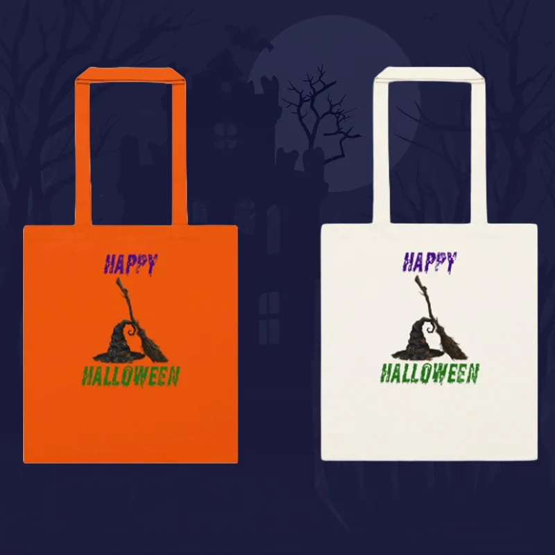 Halloween Cotton Reusable Tote: Witch's Hat and Broom Design