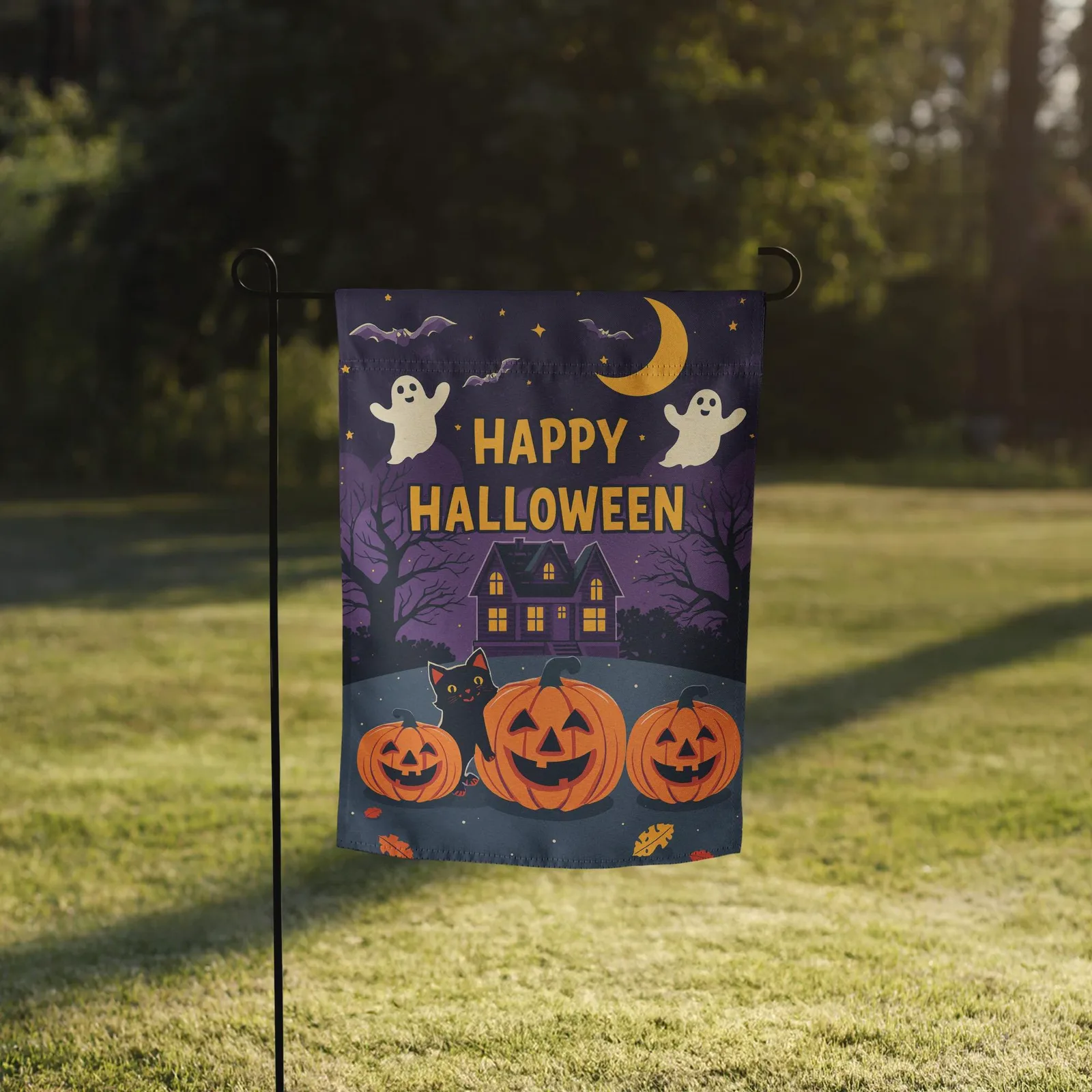 Halloween Garden Flag: Ghosts, Cat, Pumpkins - 12x17 Fall Decor, photo 3