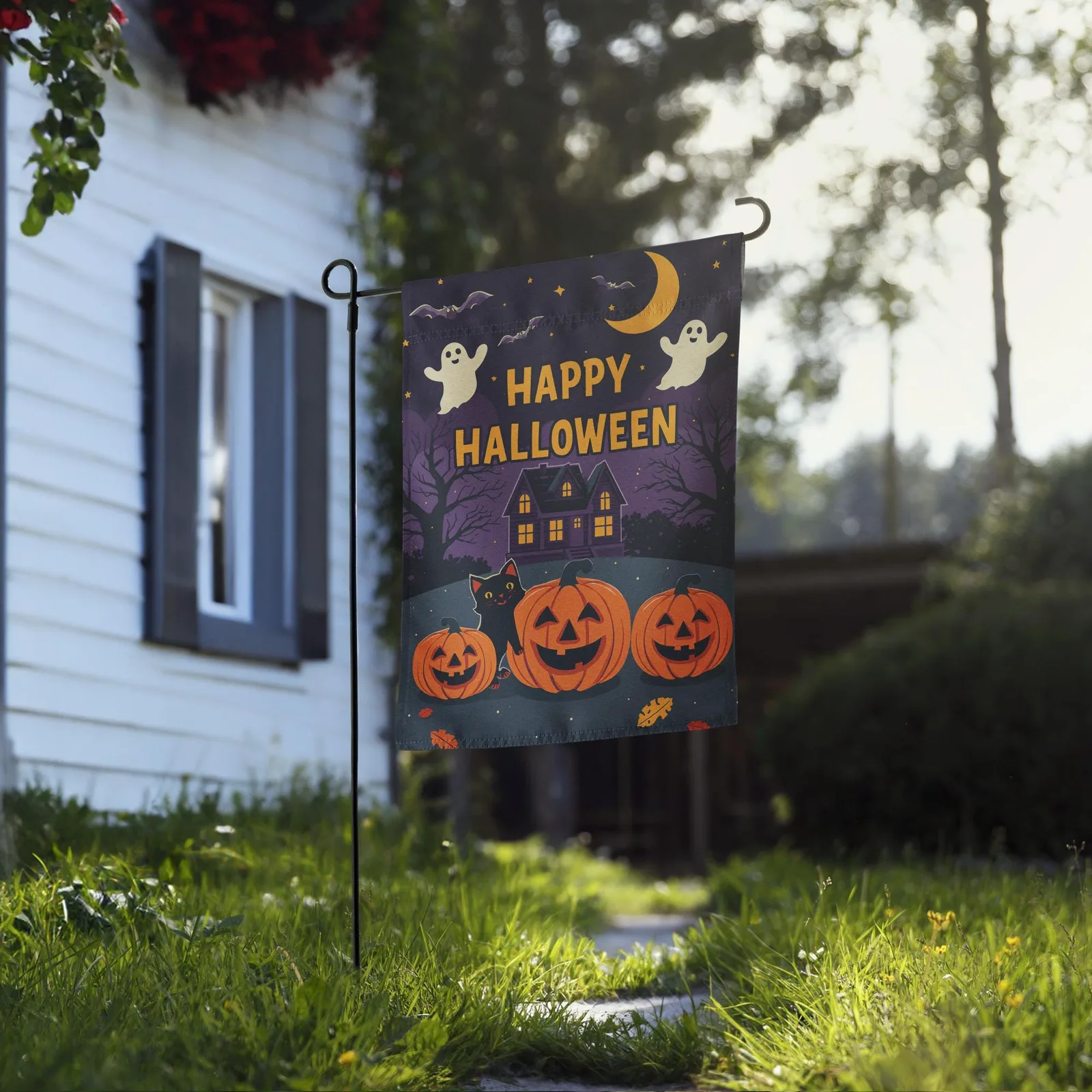 Halloween Garden Flag: Ghosts, Cat, Pumpkins - 12x17 Fall Decor, photo 7
