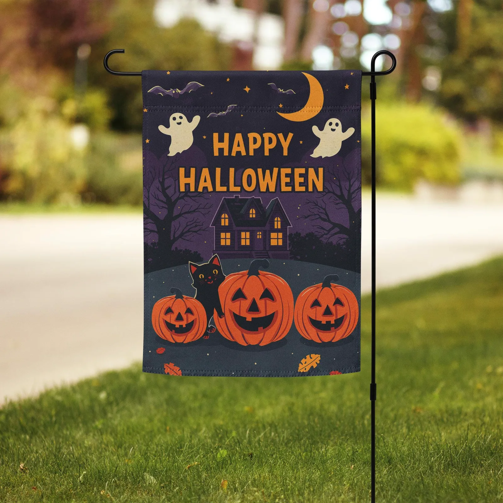 Halloween Garden Flag: Ghosts, Cat, Pumpkins - 12x17 Fall Decor, photo 4