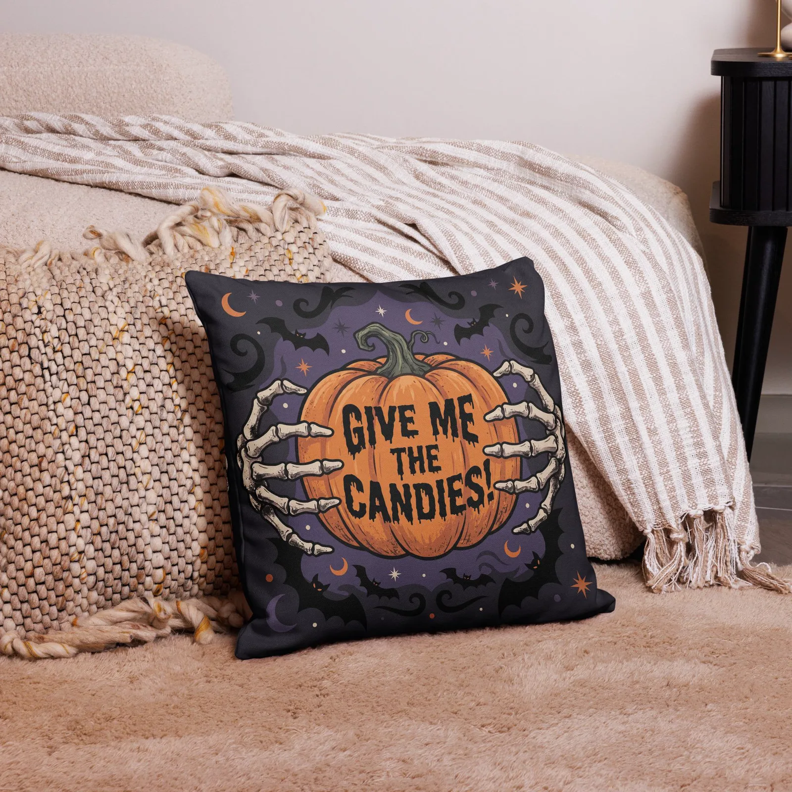 Halloween Hands of Skeleton Throw Pillow: Trick or Treat Pumpkin Decor Cushion, photo 8