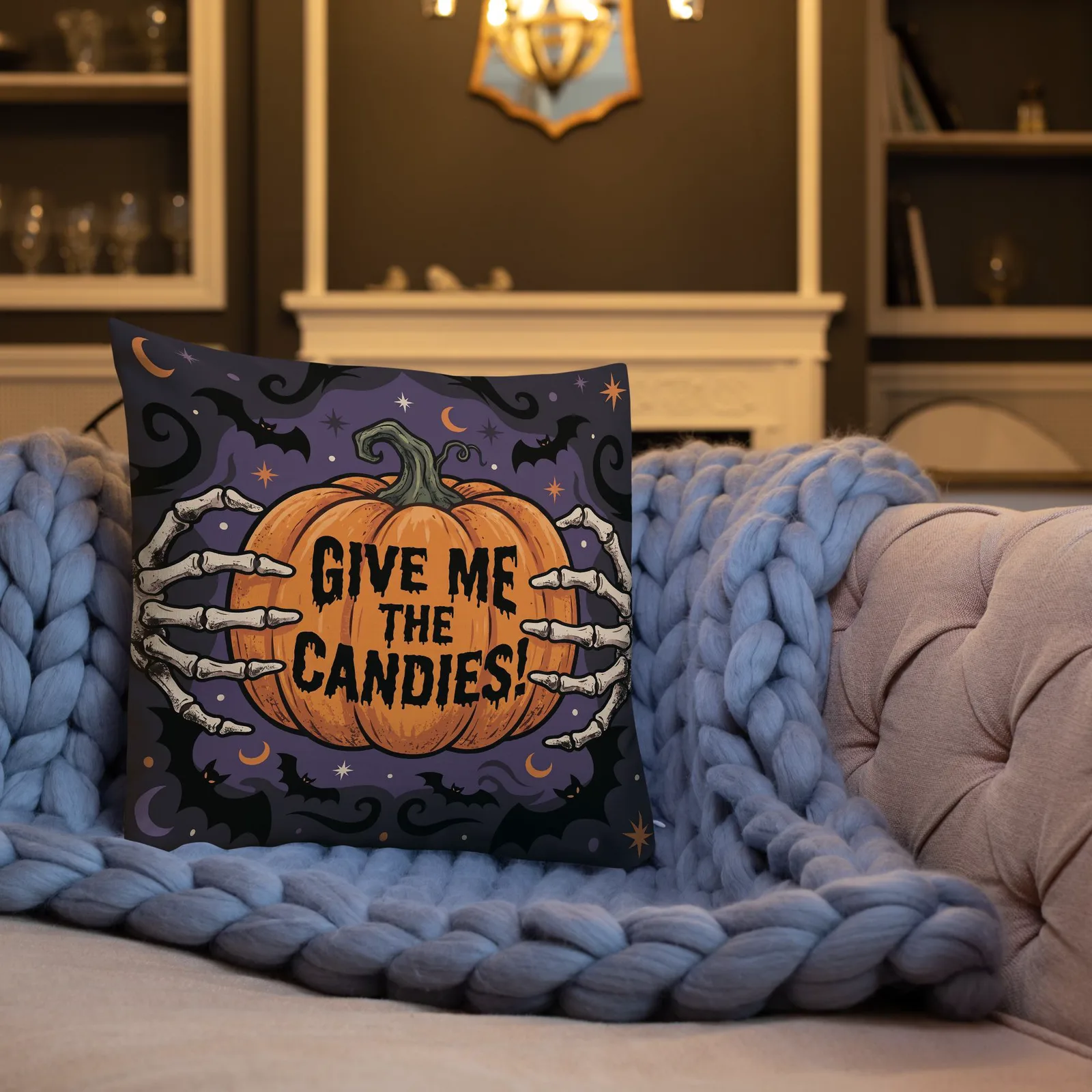 Halloween Hands of Skeleton Throw Pillow: Trick or Treat Pumpkin Decor Cushion, photo 6