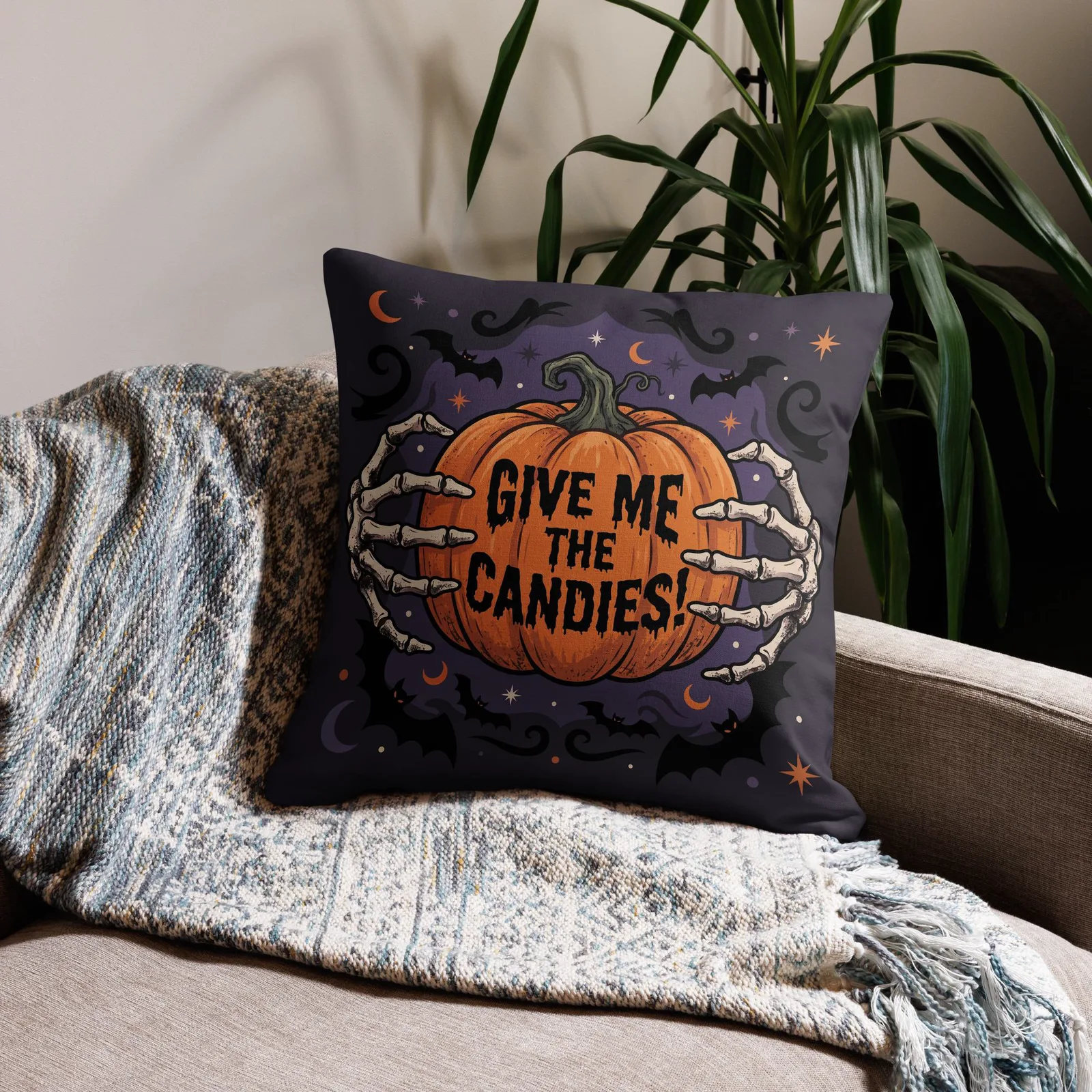 Halloween Hands of Skeleton Throw Pillow: Trick or Treat Pumpkin Decor Cushion, photo 3