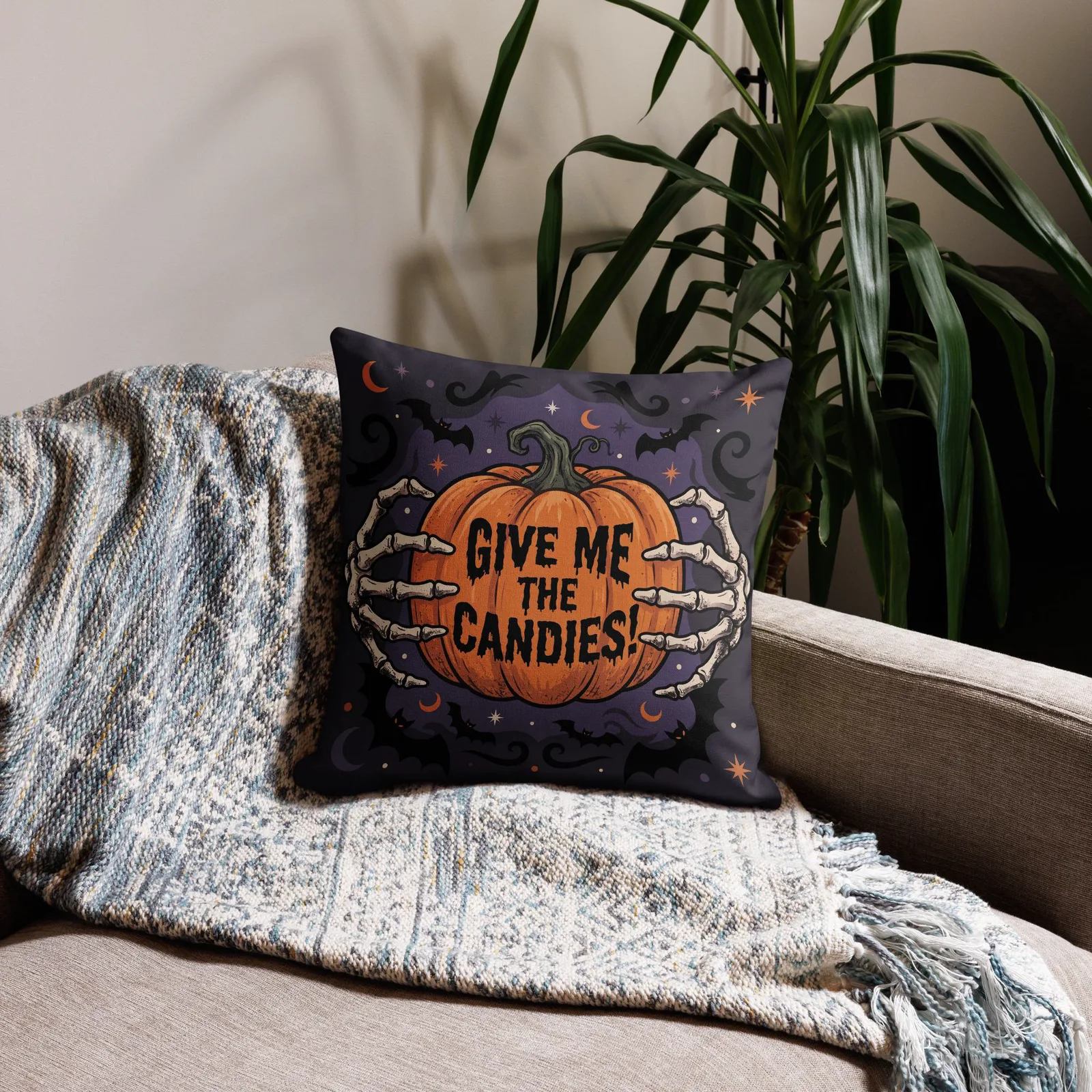 Halloween Hands of Skeleton Throw Pillow: Trick or Treat Pumpkin Decor Cushion, photo 2