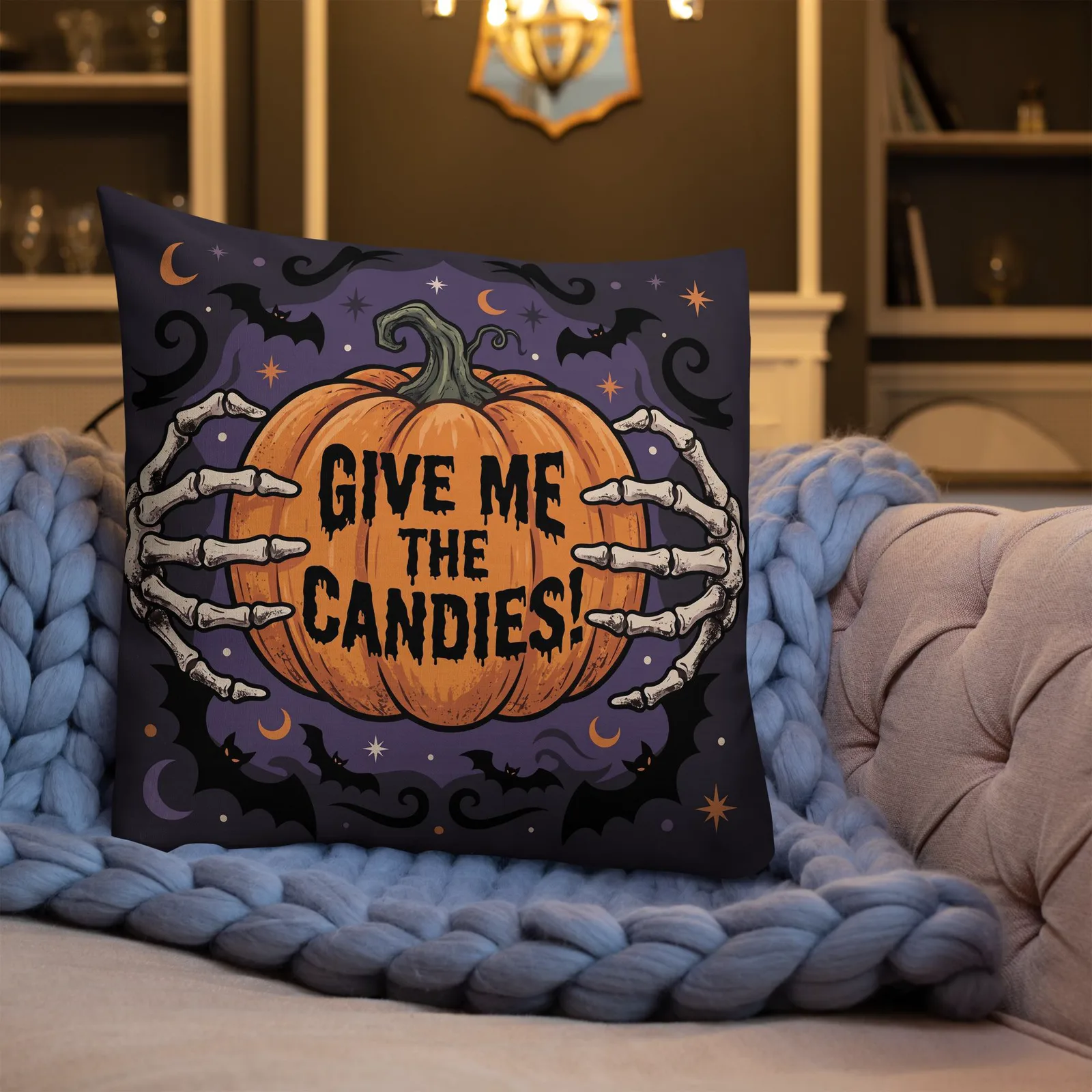 Halloween Hands of Skeleton Throw Pillow: Trick or Treat Pumpkin Decor Cushion, photo 7