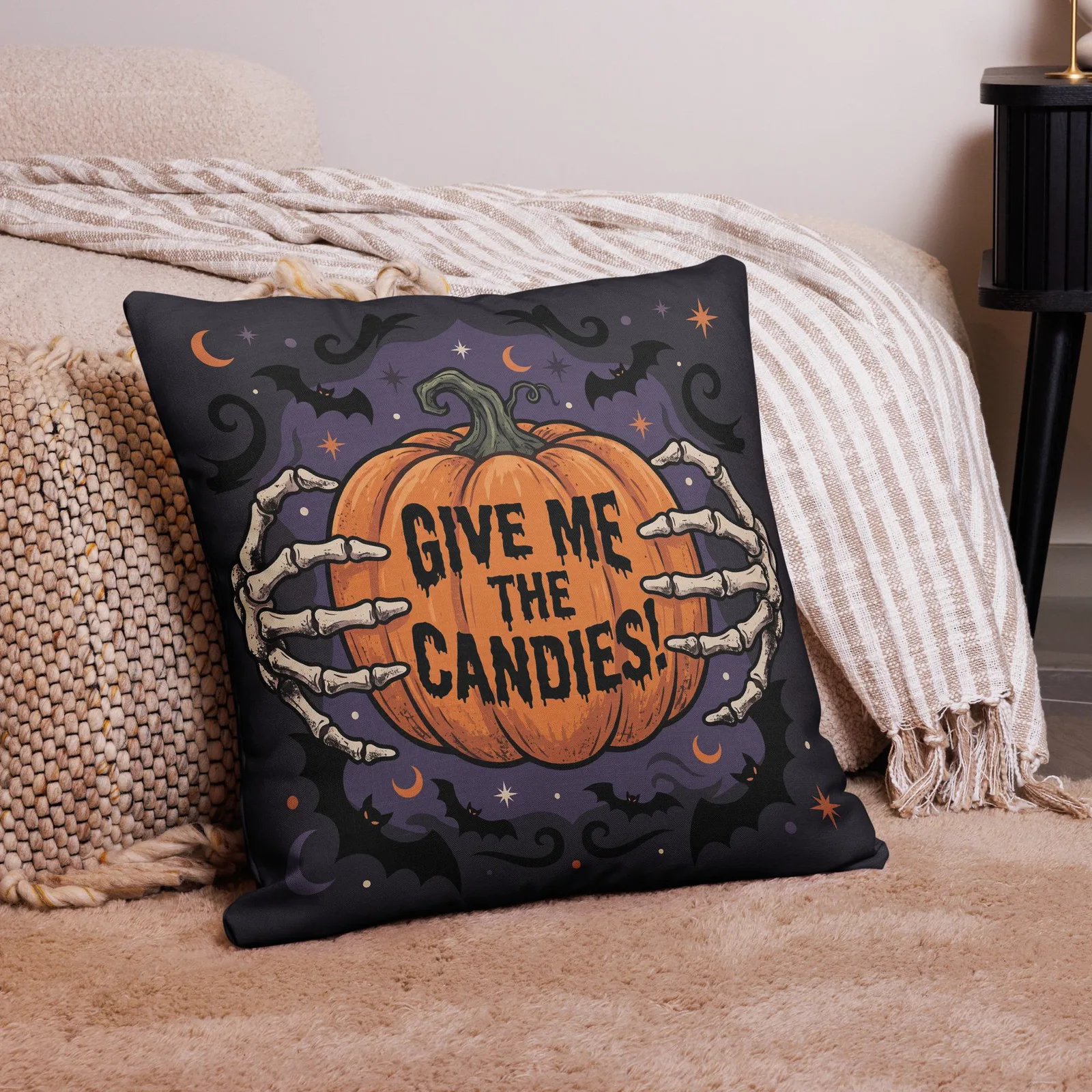 Halloween Hands of Skeleton Throw Pillow: Trick or Treat Pumpkin Decor Cushion, photo 9