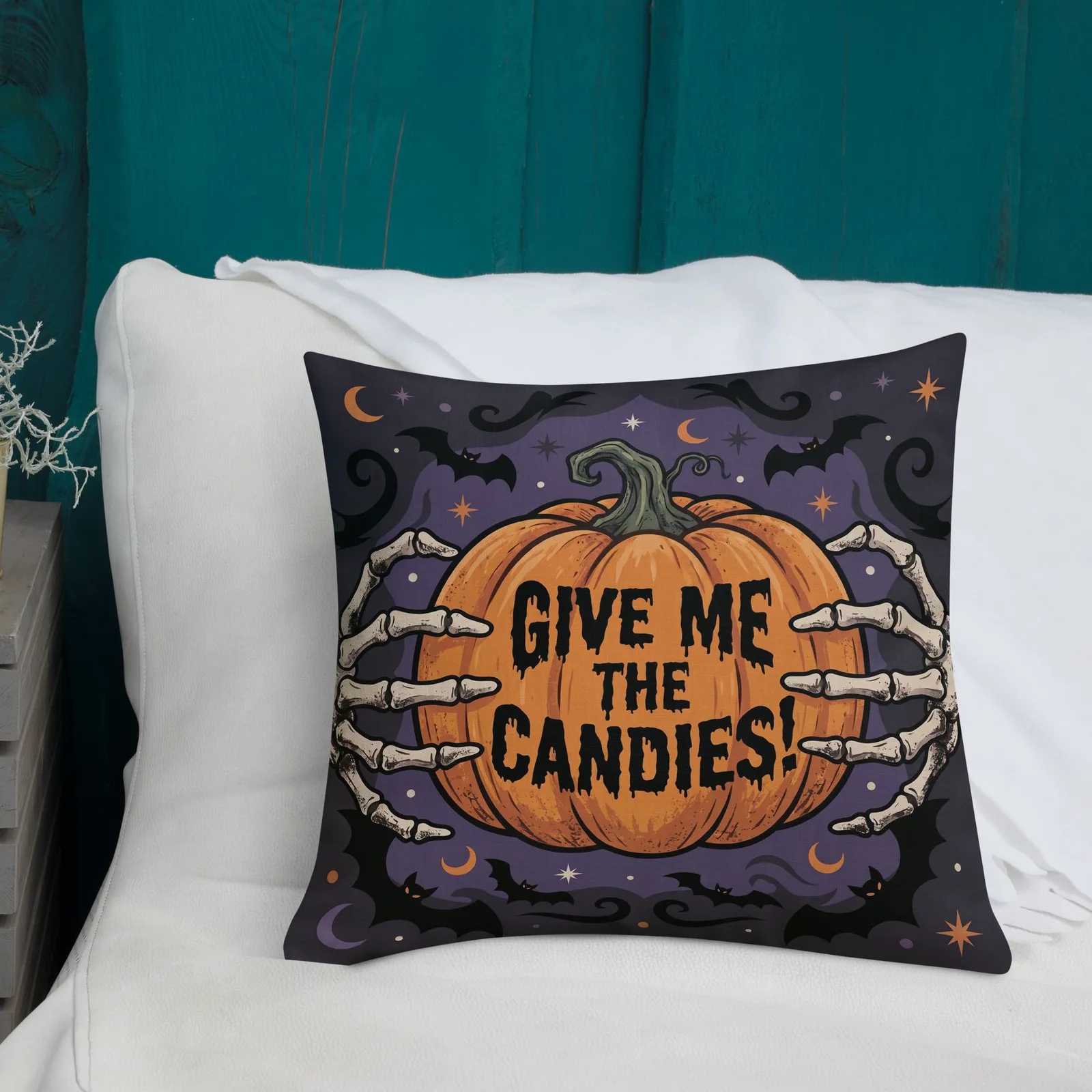 Halloween Hands of Skeleton Throw Pillow: Trick or Treat Pumpkin Decor Cushion, photo 4